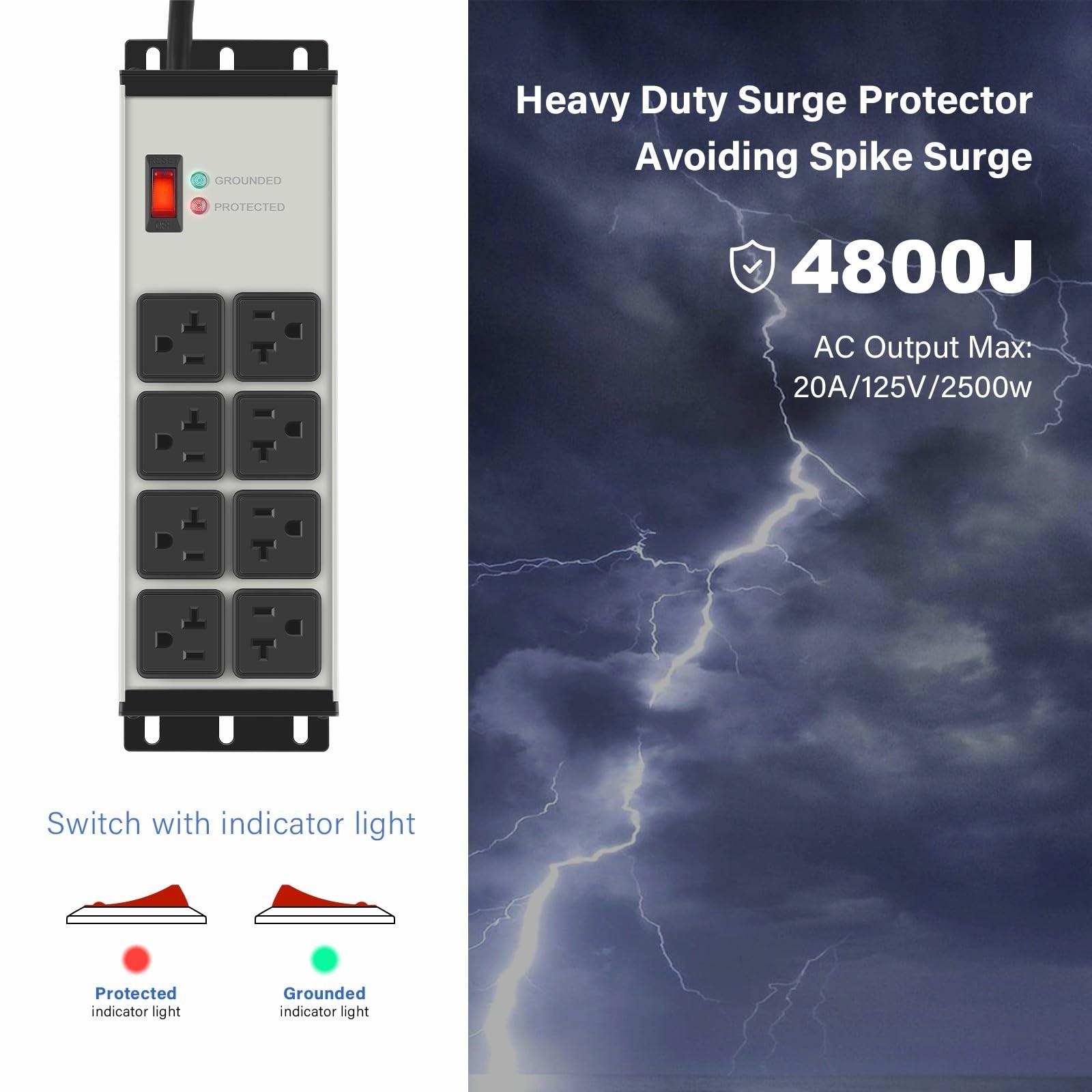 Heavy Duty 20 AMP Power Strip Surge Protector, 8 Outlets, 6 FT Extension Cord, I