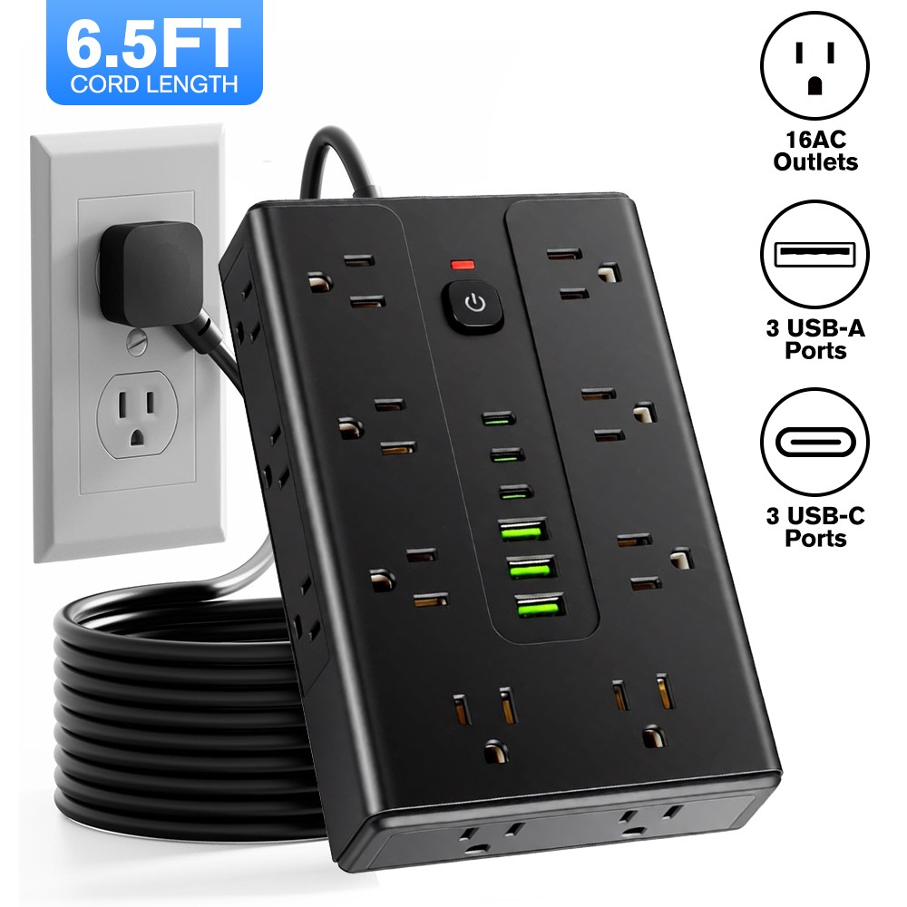 Power Strip Surge Protector 16 AC Outlets 3 USB Ports+3 Type C Ports 6.5FT Cable