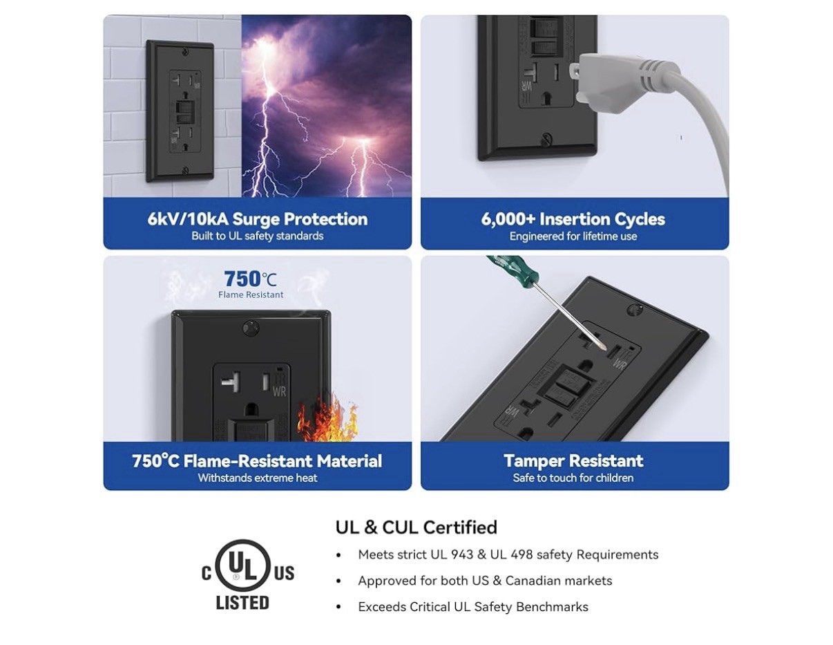 ELEGRP Outdoor GFCI Outlet 20A Self-Test Tamper Resistant w/ LED, Black 20 Pack