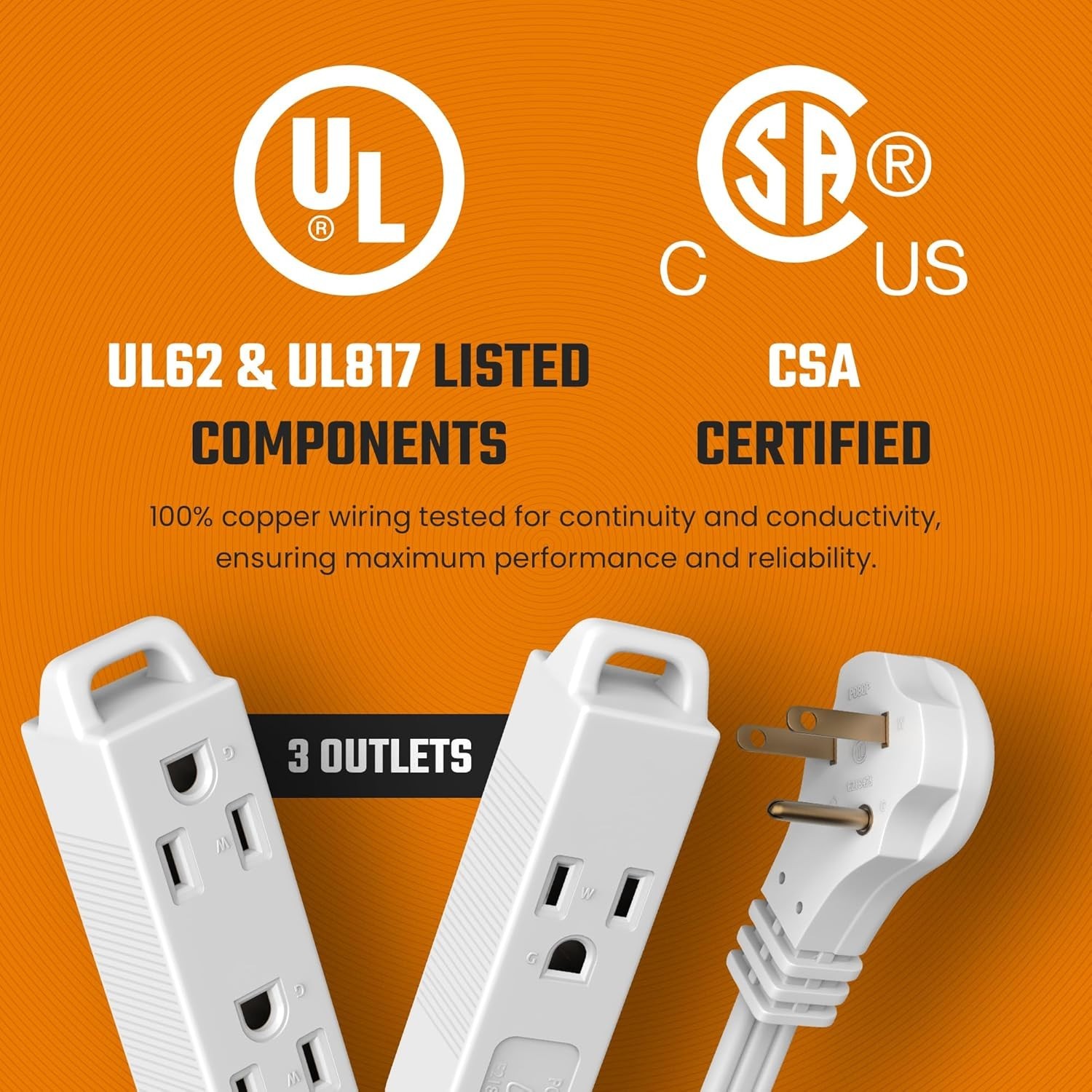 White Extension Cord 10+ Ft 3-Prong 3-Outlet Extension Wire- Space-Saving Fla…