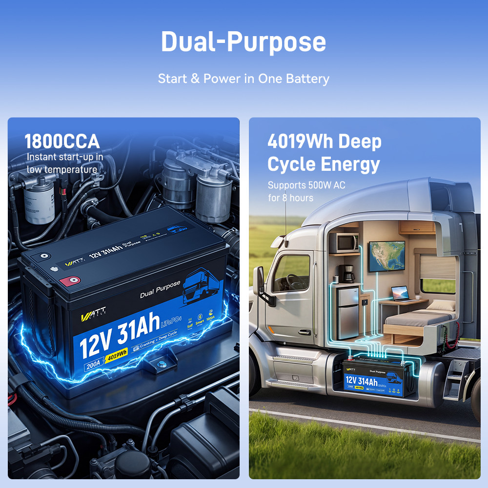 WattCycle 12V 314Ah 300Ah 1800 CCA Dual Purpose LiFePO4 Battery Self-Heating