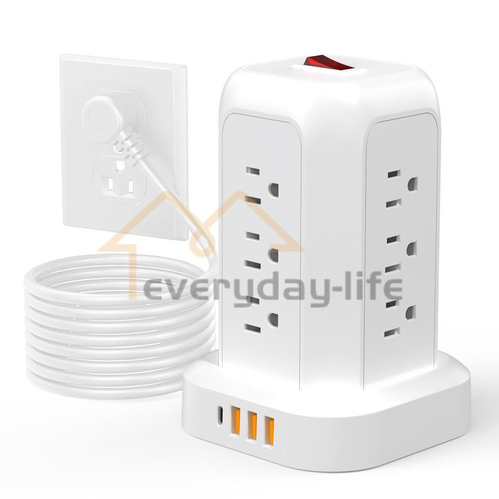 USB C Power Strip Tower, Surge Protector With 12 AC Outlet 4 USB Port 5FT Cord
