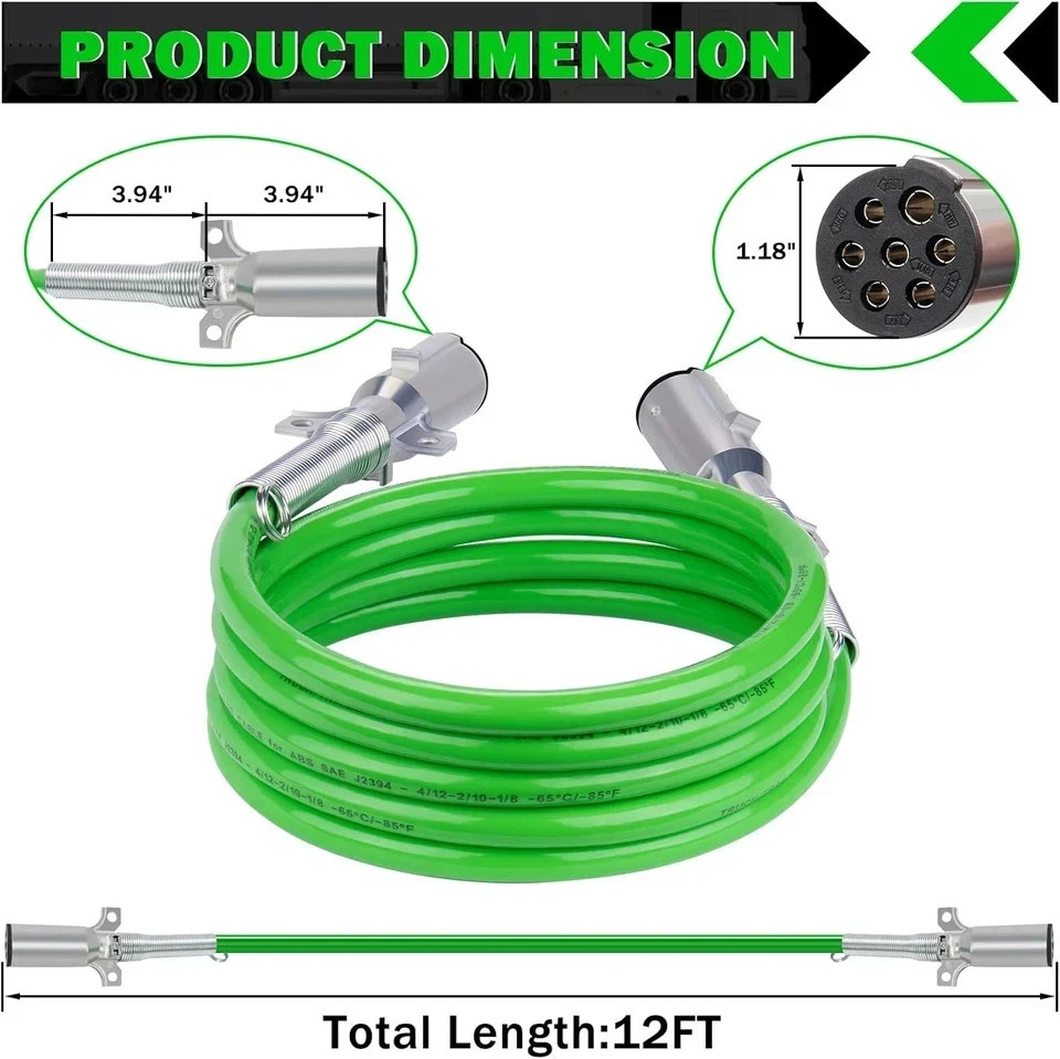 7 Way Trailer Cord 12 FT ABS Electrical Power Cord Heavy Duty Green Straight Pow