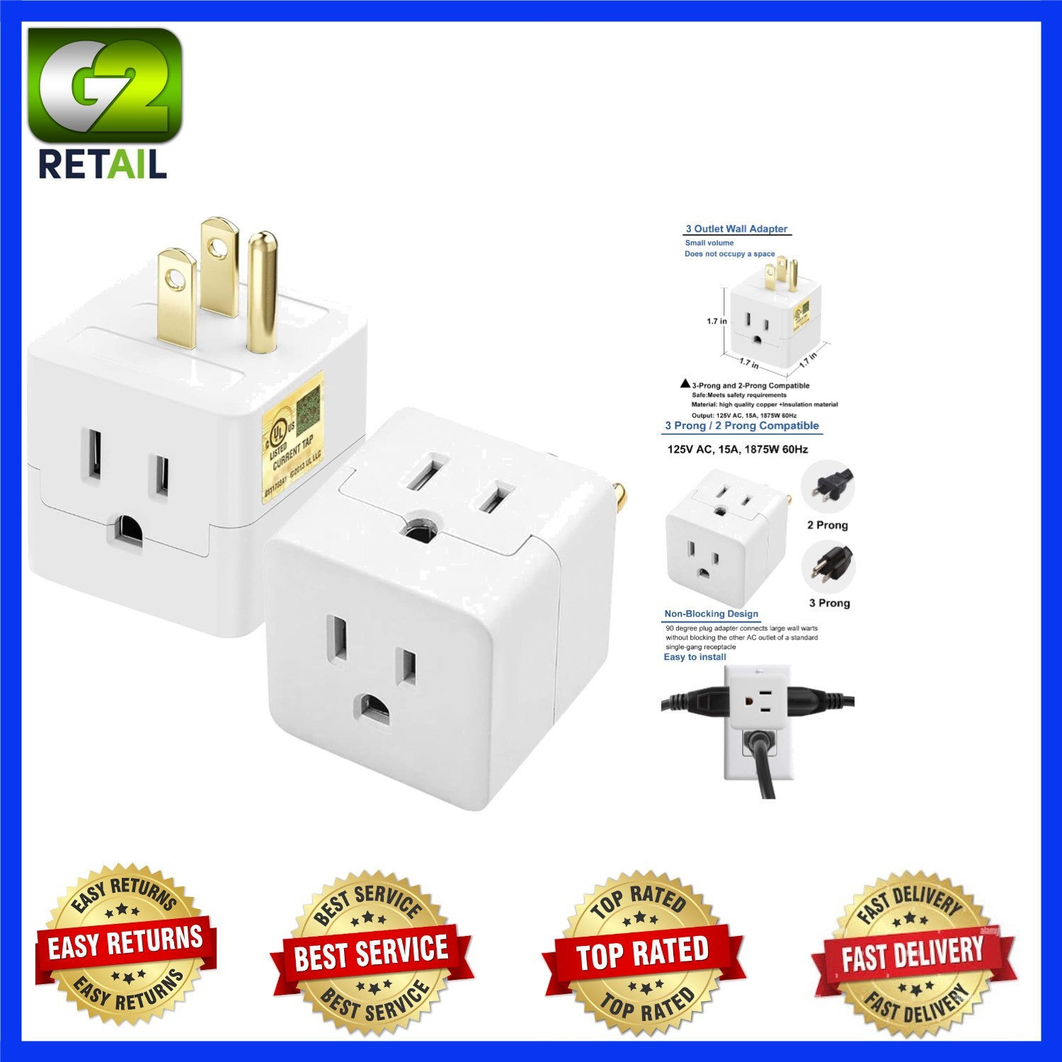 White 2 Pack 3 Outlet Expander – Compact Adapter for Efficient Power Solutions