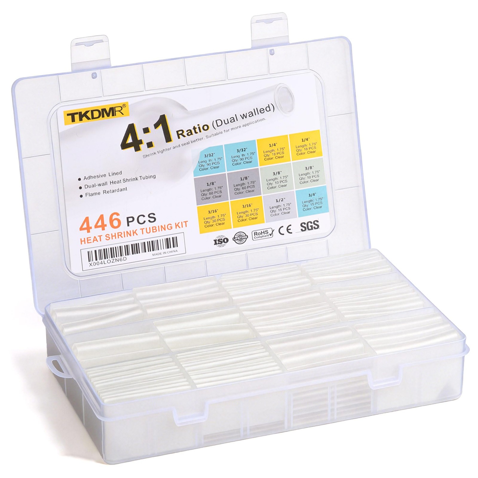 TKDMR 446 Pcs Heat Shrink Tubing Kit – 4:1 Ratio Adhesive Lined, 1.75″, Clear