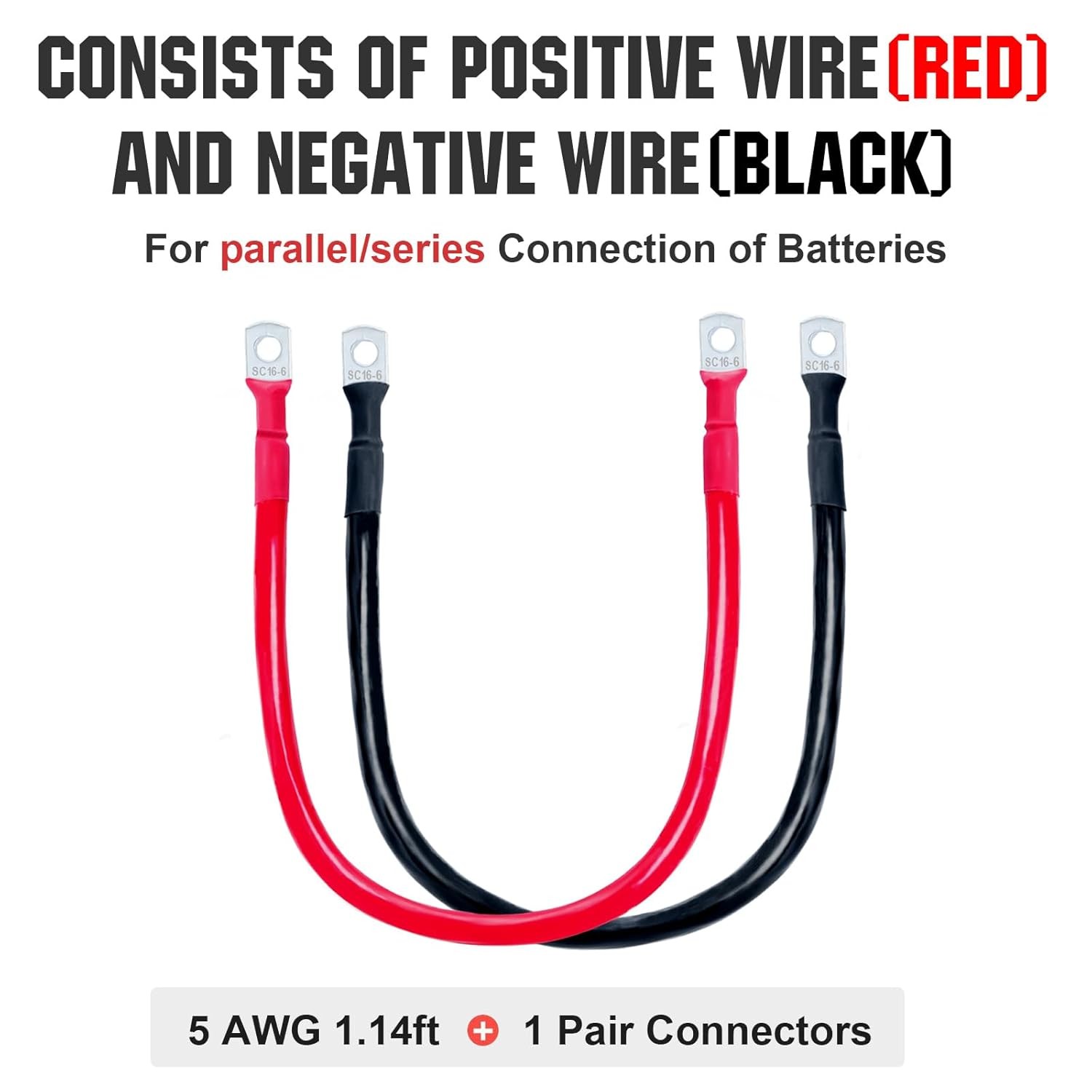 ECO-WORTHY 4 Pack M6 5AWG Battery Cable with 15/64” Lug Terminals 14inch Cables