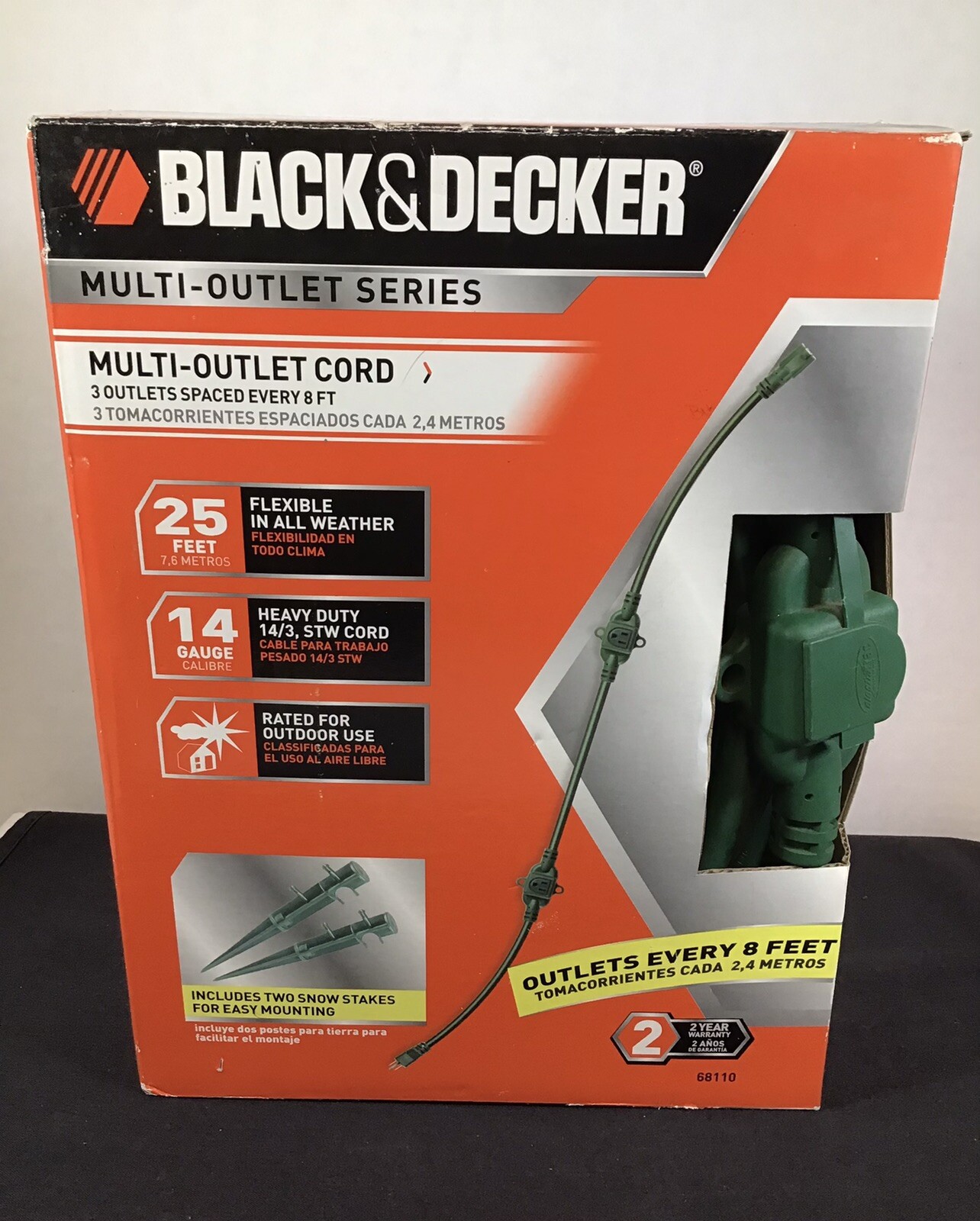Black & Decker 25ft Extension Cord 14 Gauge Outdoor 3 Outlets Spaced every 8ft