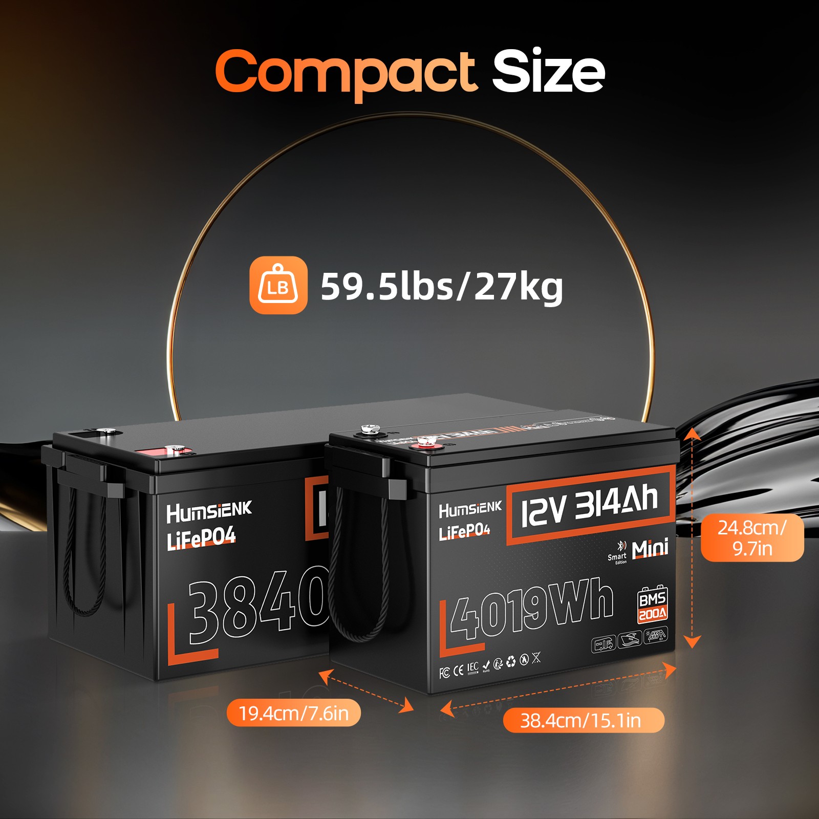 Humsienk 12V 300Ah 314Ah 320Ah LiFePO4 Battery 200A BMS Solar Camping Off-Grid