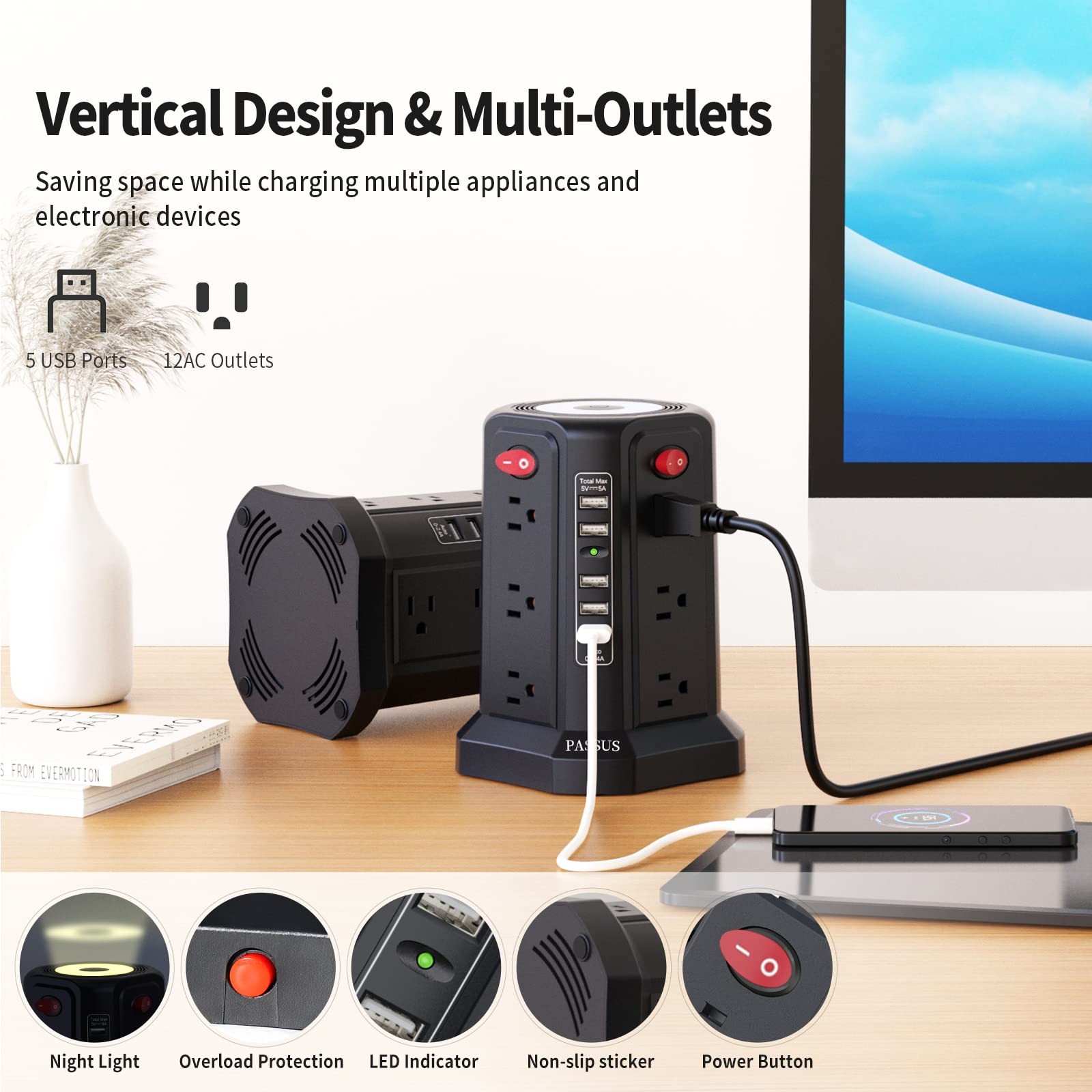 Surge Protector Power Strip Tower with 5 USB Ports and 10FT Cord, 12 AC Outlets