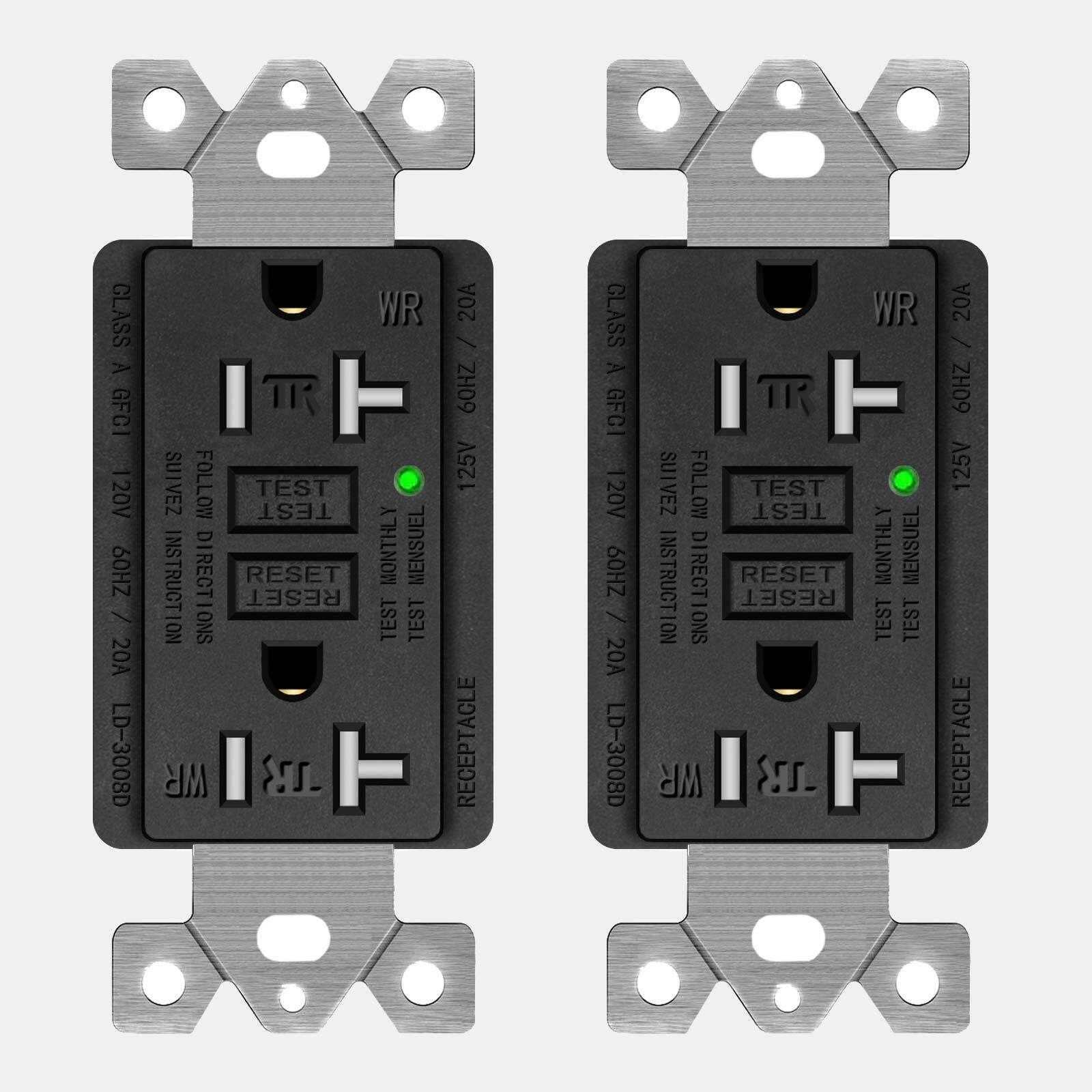 20A Amp GFCI Outlet Duplex Receptacles Black Tamper Resistant ETL Plate 2 Packs