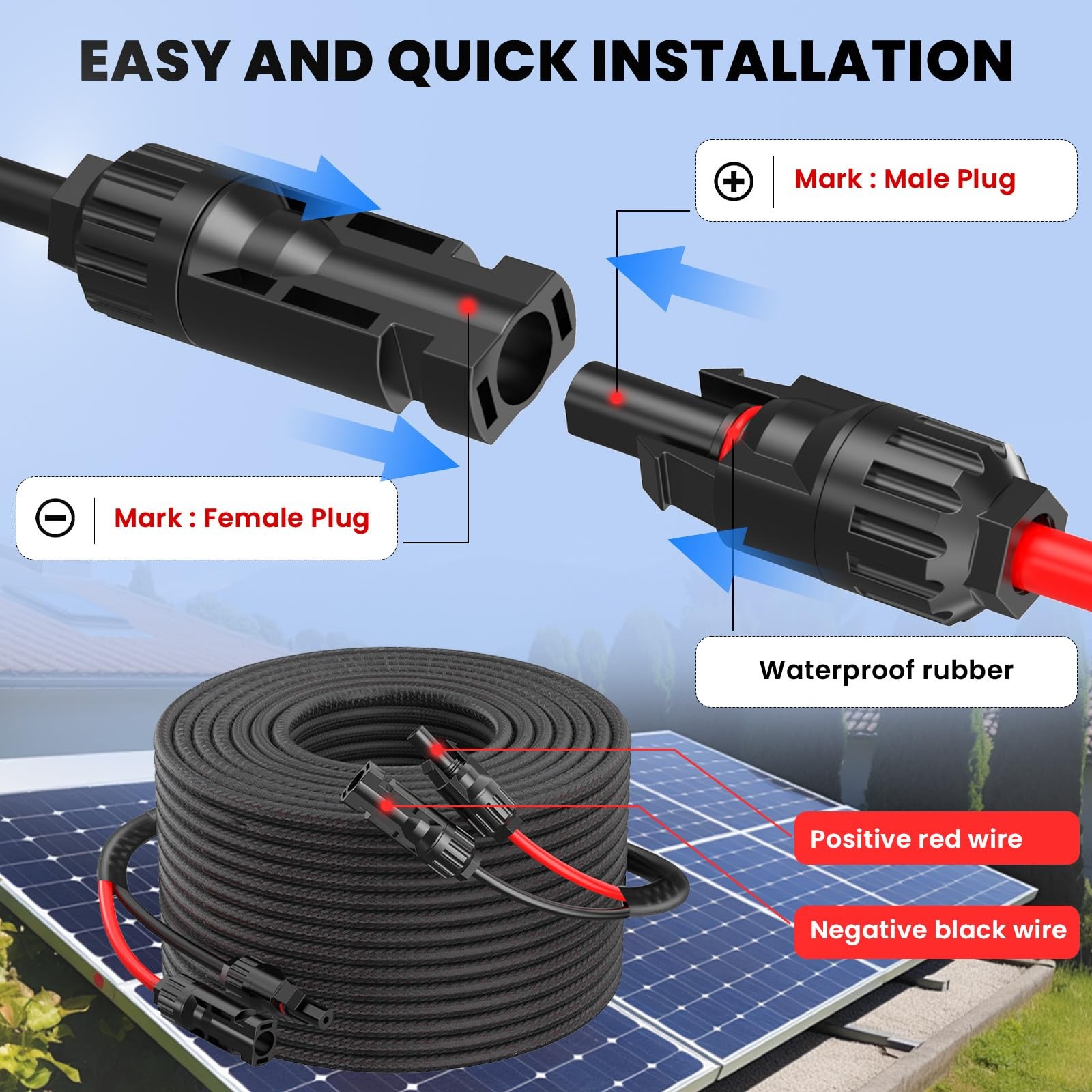 Twin Wire 5FT 10AWG Solar Extension Cable with 5FT, Black braided sleeve