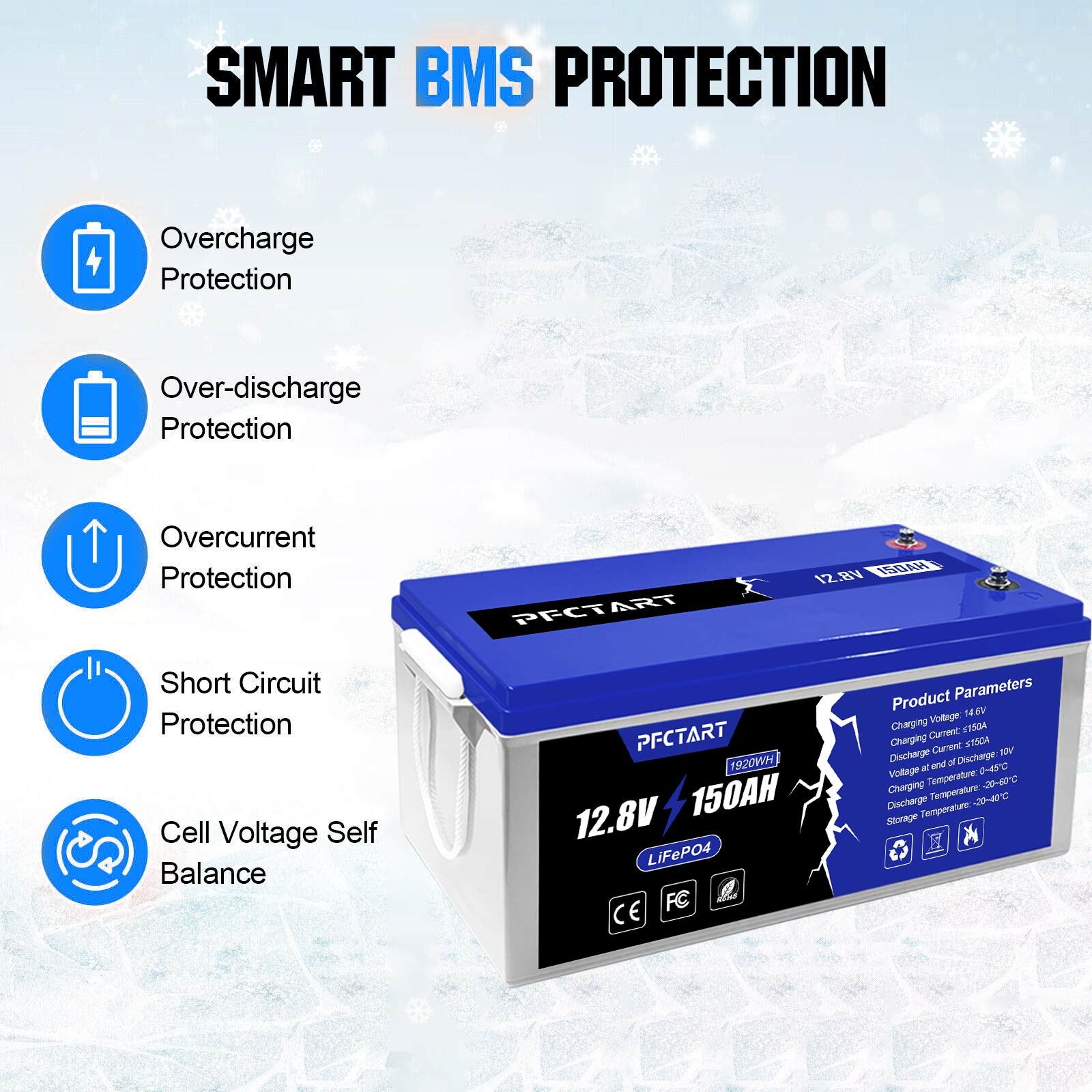 12.8V 150Ah RV Lithium Battery 1920WH BMS Solar System Boat LiFePO4 Battery
