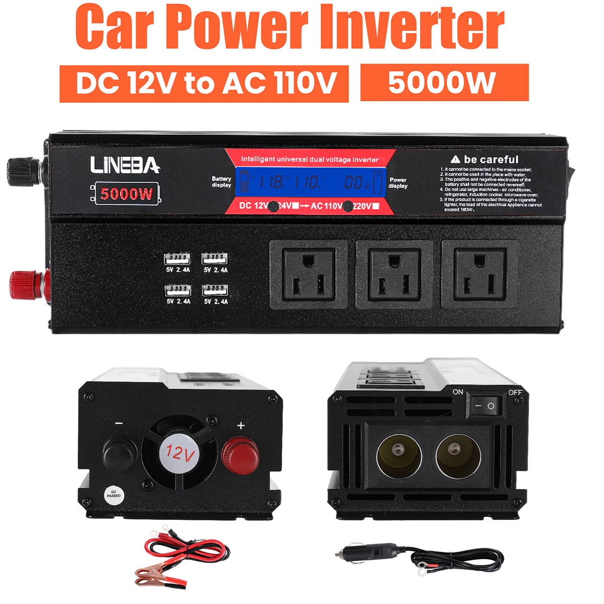 1500W 2500W 5000W Car Power Inverter 12V to 110V Converter 3AC 4USB LCD Display