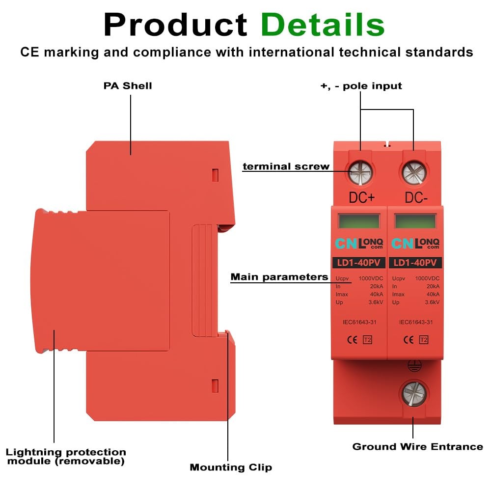 CNLonQcom 2P 40KA Voltage Surge Protector DC 1000V Solar PV Lightning Arreste…