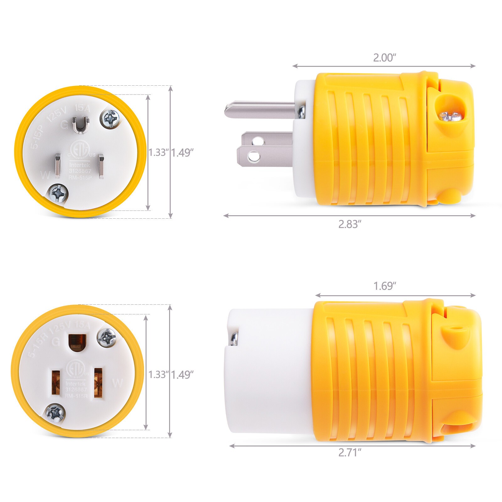 10Pcs 15A 125V Female & Male Extension Cord Replacement Electrical Plugs 3 Prong