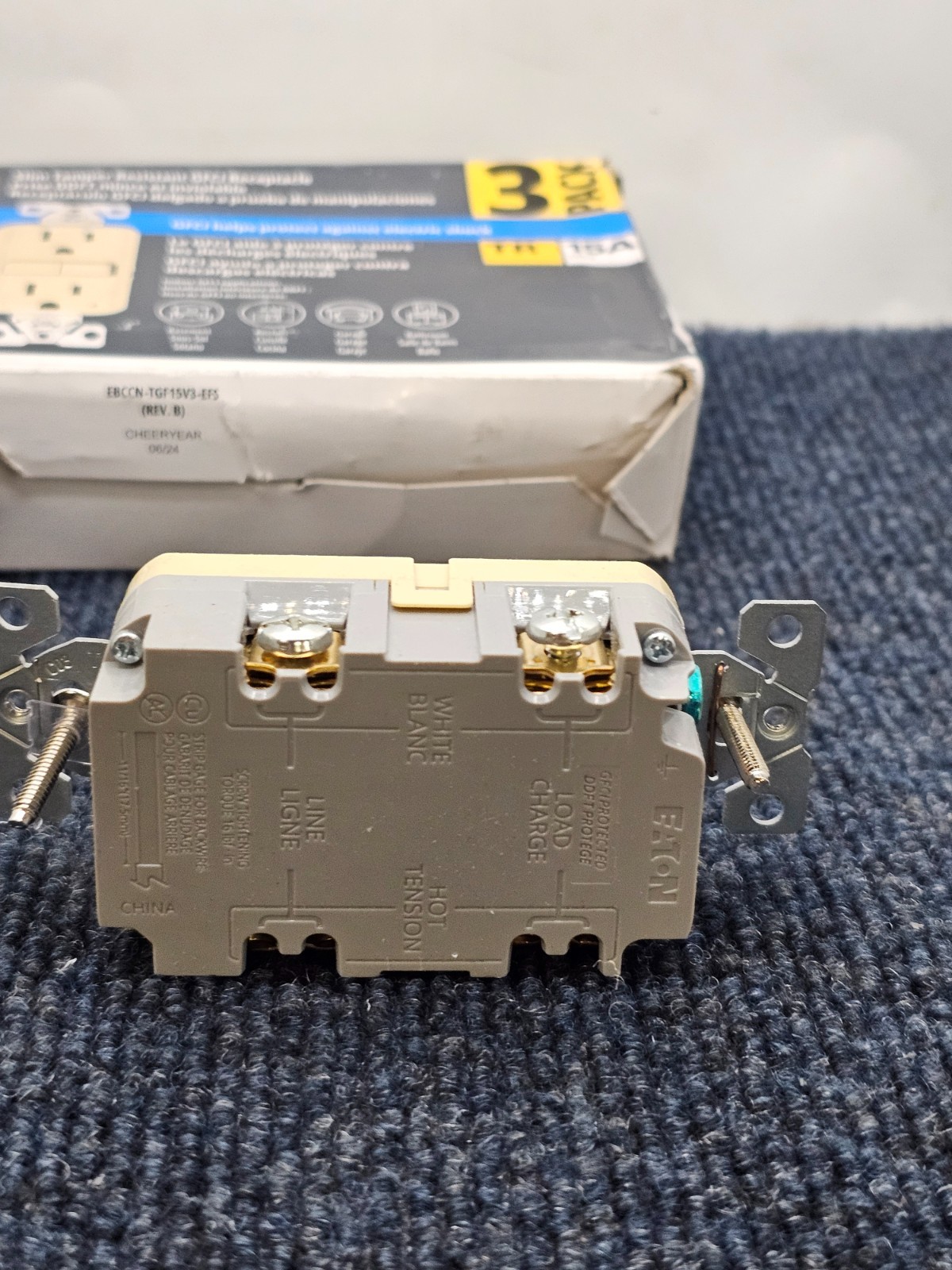 (QTY 3) Eaton TRGF15V-3-L: 15A Tamper Resistant Duplex Receptacle – Ivory