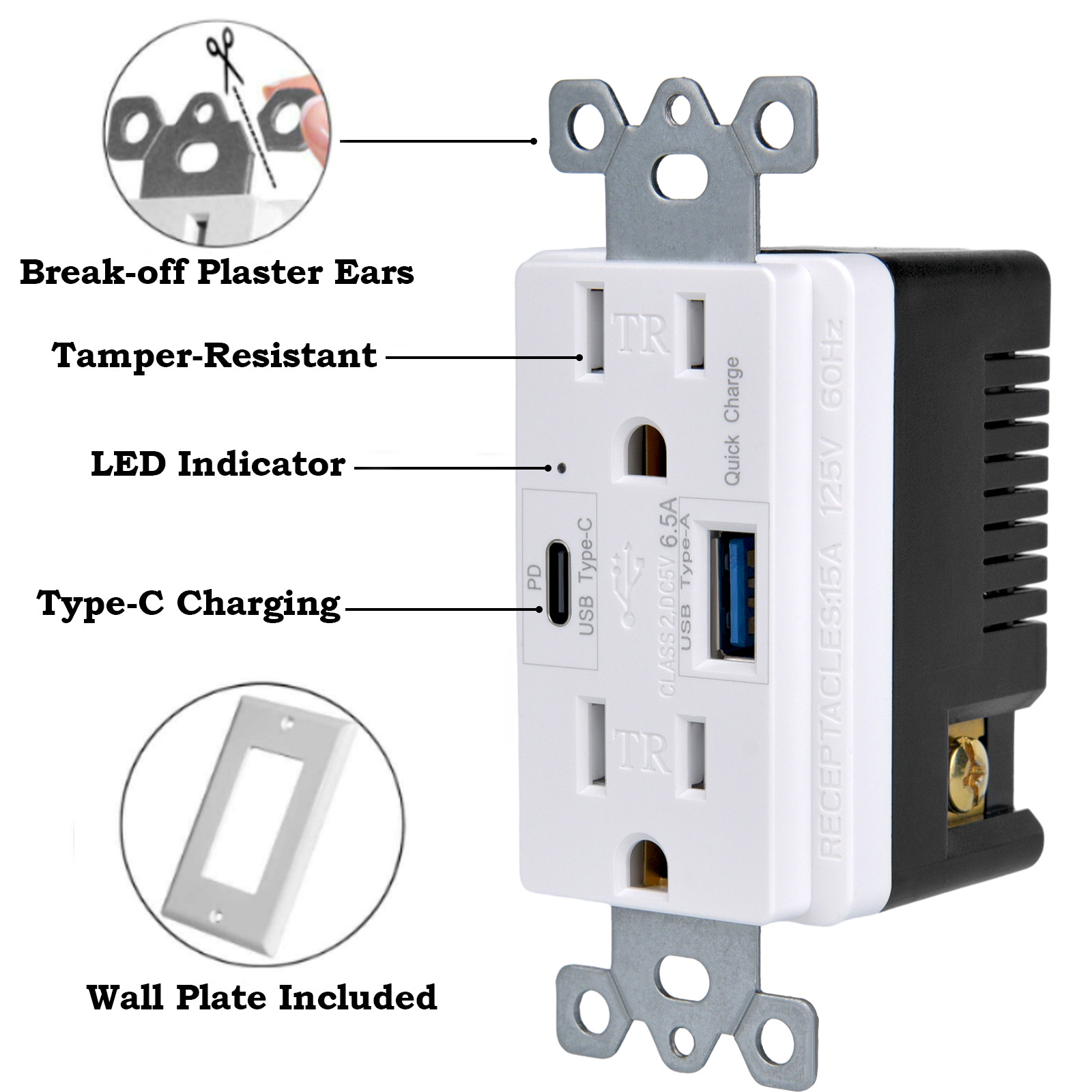 2PK 6.5A USB C Wall Outlet PD3.0 GaN 65W Type C Outlet Fast Charging 15 Amp Plug
