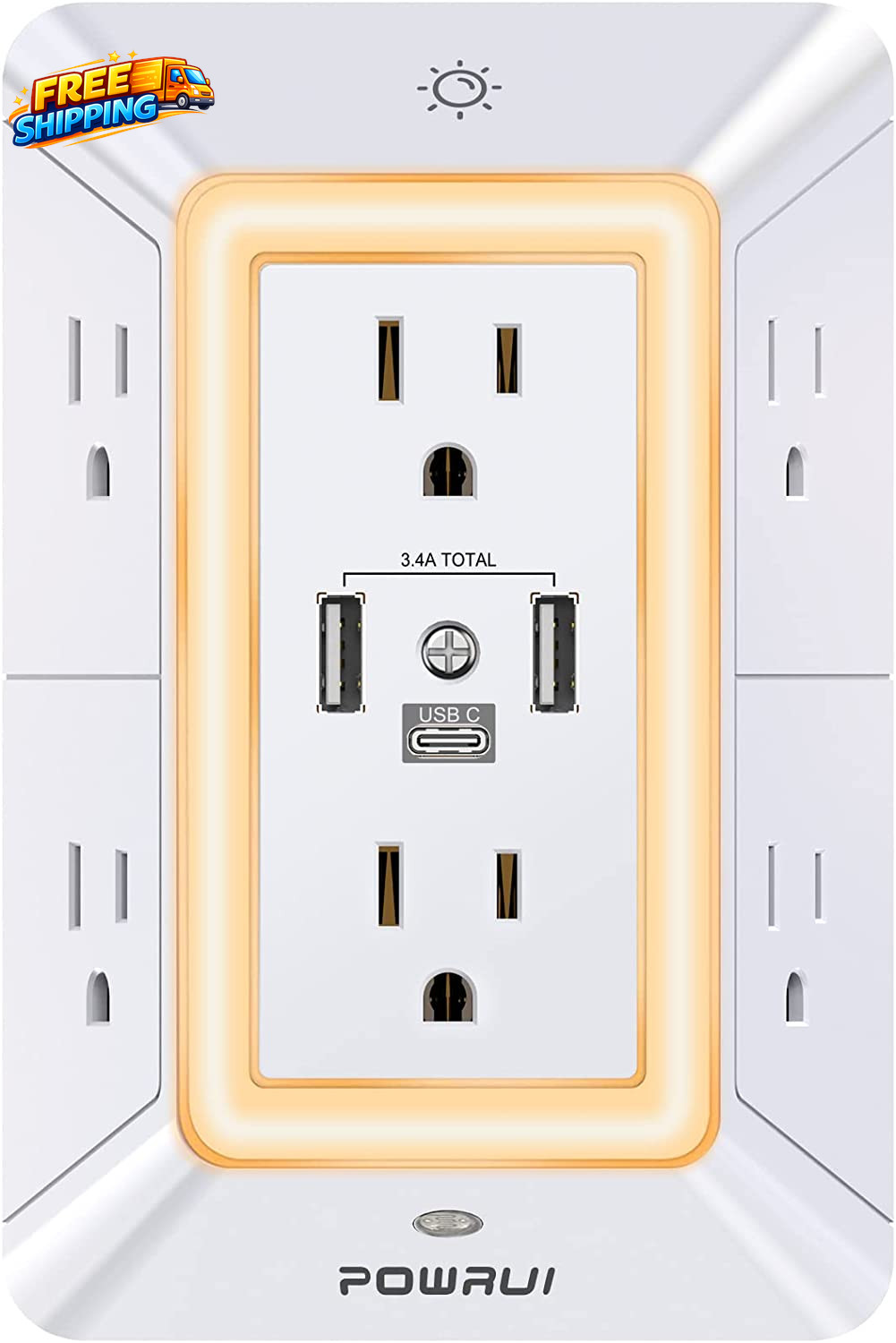 Multi Plug 6 Outlet Surge Protector Extender with 3 USB Ports 1 USB C and Night