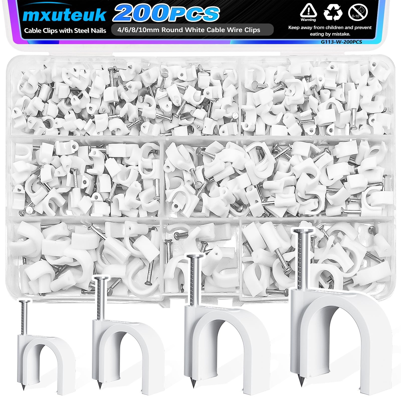 200PCS Round Cable Clips with Steel Nails 4/6/8/10mm White Wall Wire Holders