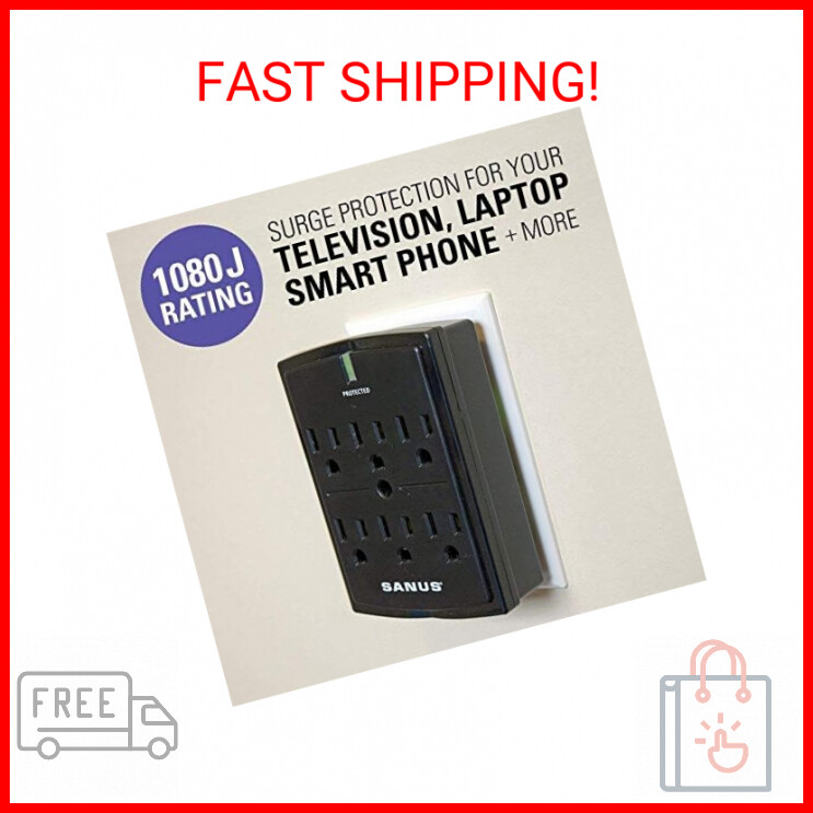 SANUS On-Wall Low Profile 1080J Fireproof Surge Protector with 6 AC Outlets & 3