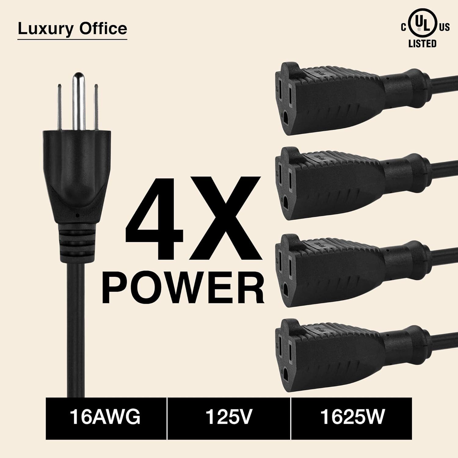 4 Way Power Splitter – 1 to 4 Cable Strip with 3 Pronged Outlet and 3 Foot Y…