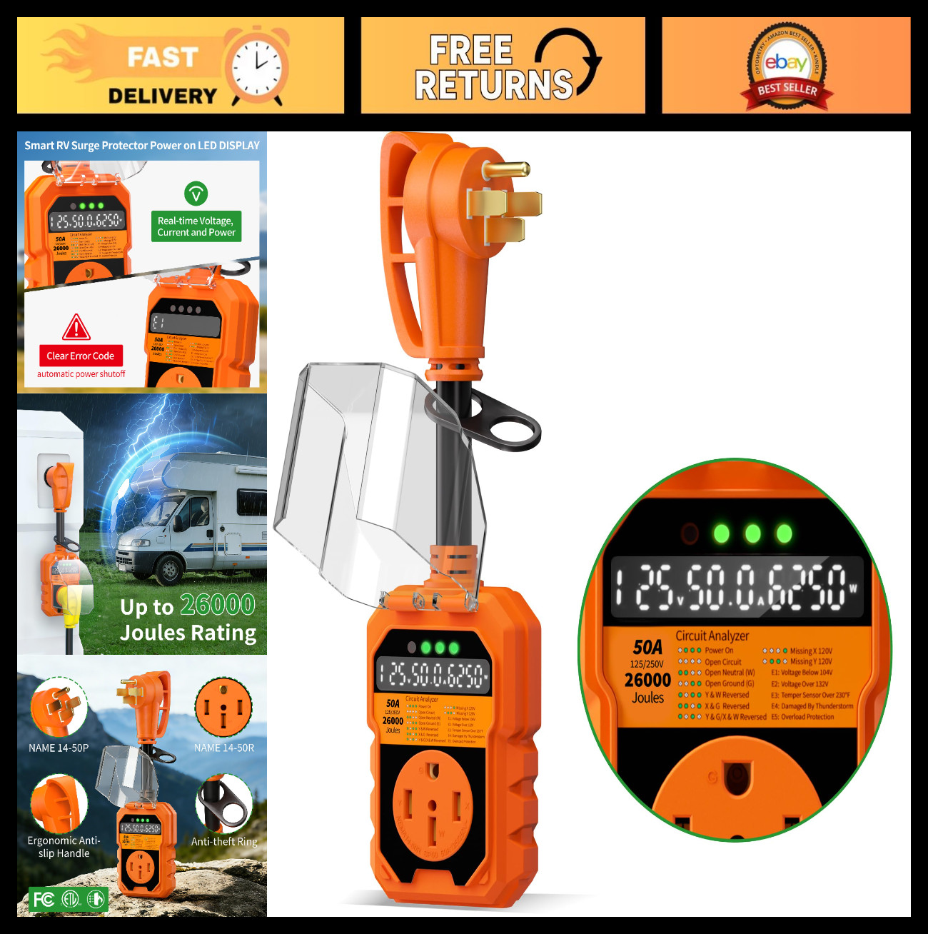 50 Amp RV Surge Protector 26000J with Auto Shutoff & Manual Reset, LED Display,