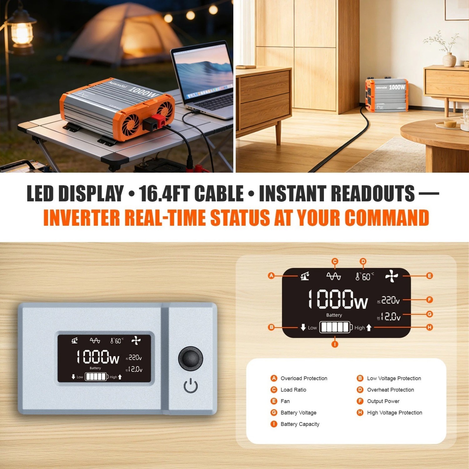 1000W 2000W Power Inverter Pure Sine Wave 12V DC to 110V 120V AC Converter RV