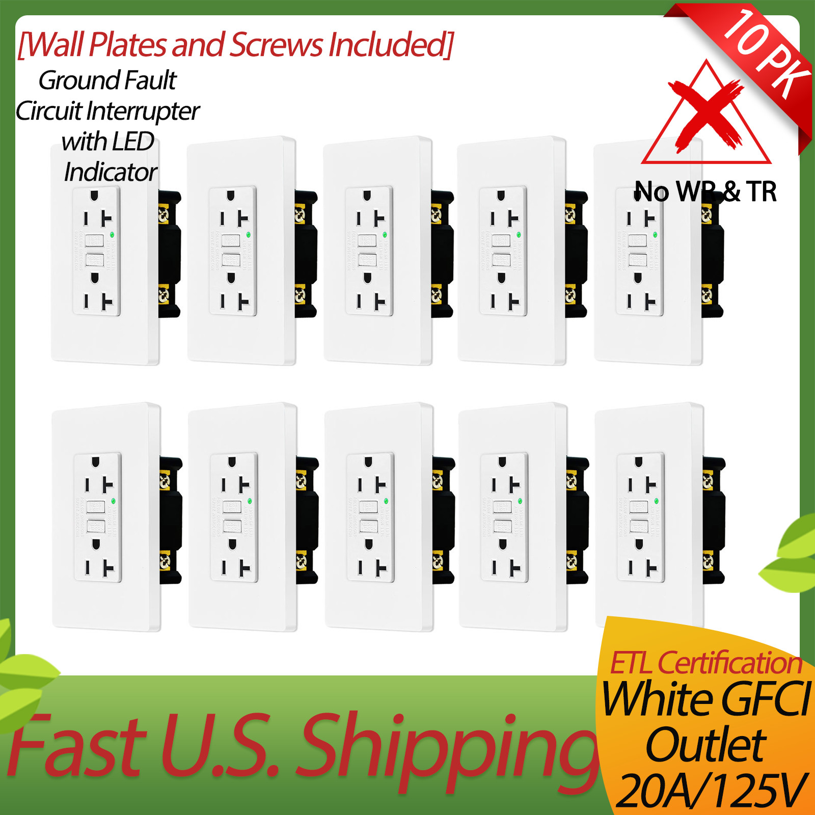 10 x GFCI Non-TR 20A Decor Electrical Outlet with LED Indicator,ETL Listed,White