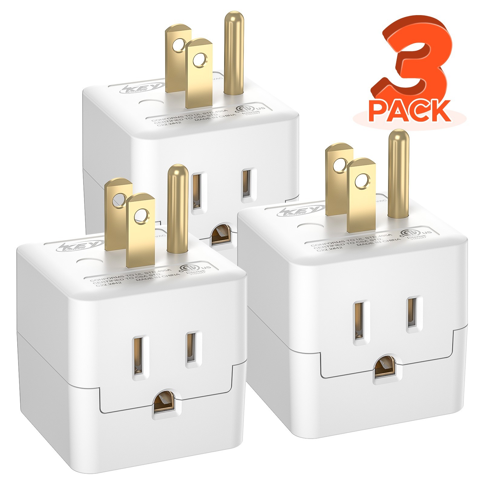 [ETL Listed] 3 Outlet Extender Indoor Grounded AC Power Wall Tap Adapter Plug