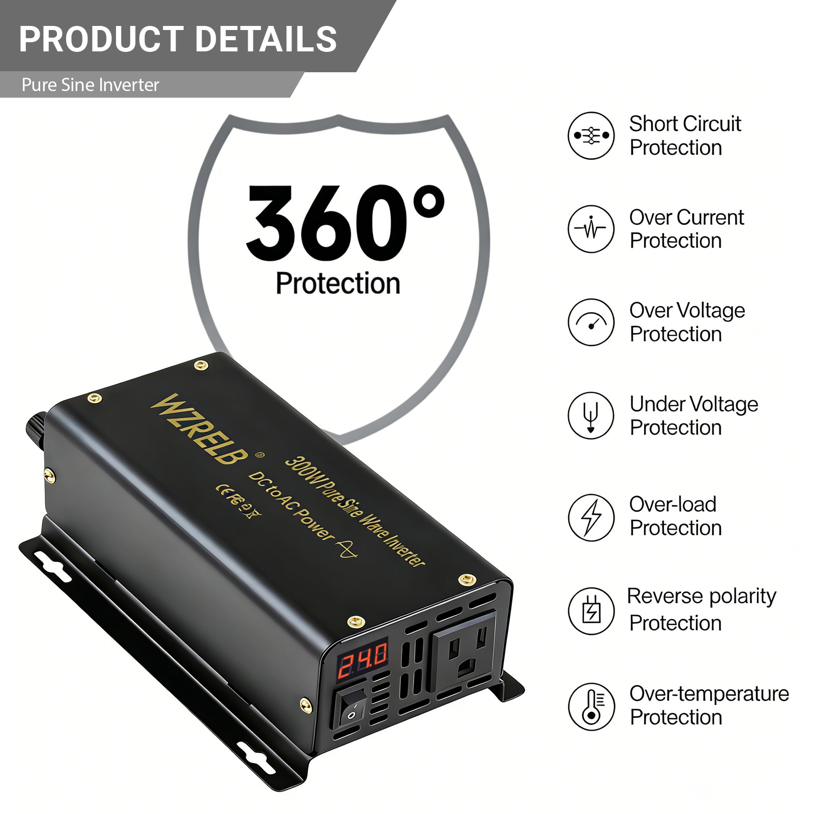 300W Pure Sine Wave Power Inverter 24V to 110V/120V DC to AC 60HZ LCD camp rv