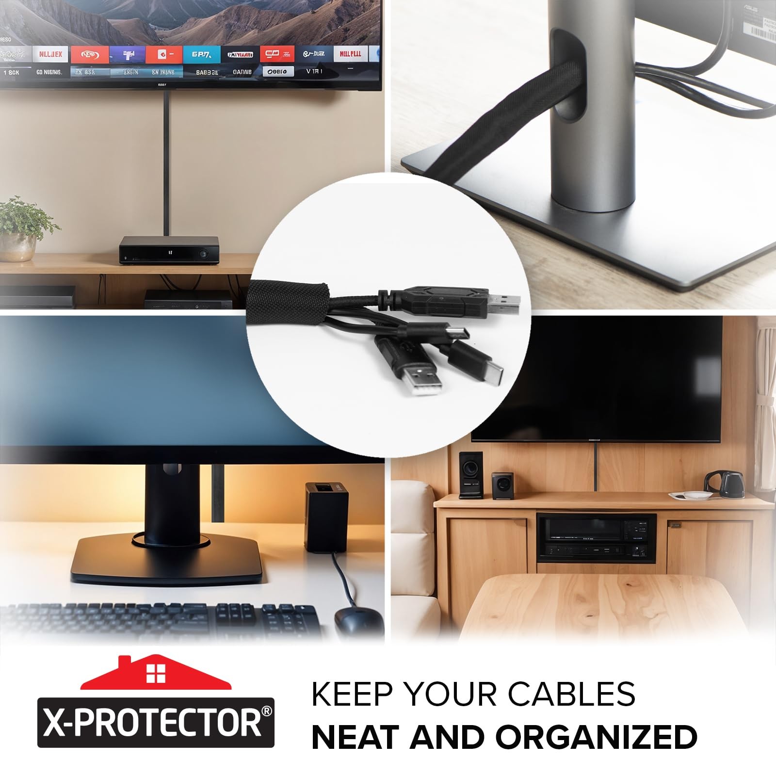 X-Protector Cable Management – 10ft x x 1/2″ Fabric Cord Hider, Black