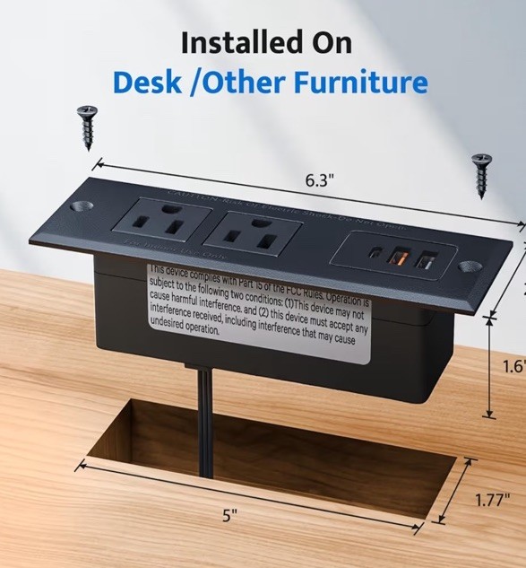 Recessed Power Strip, Flush Mounted Drawer Outlet Fast Charging USB