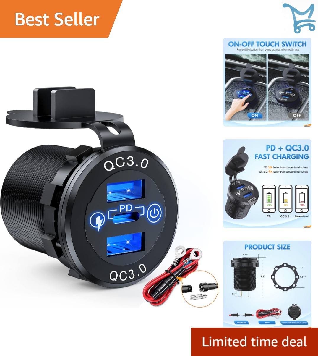 Dual USB Socket Car Charger PD Type C QC3.0 12V 24V Travel Power Outlet with …