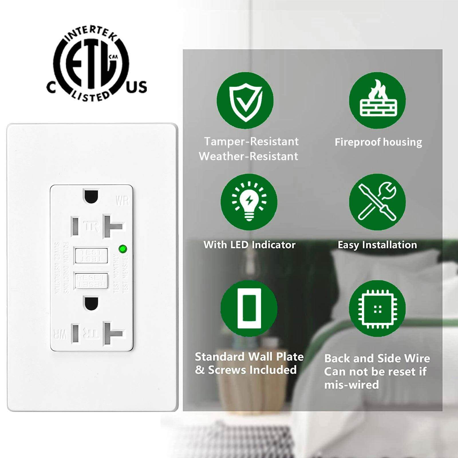 5PK GFI Outlet 20 Amp WR TR GFCI Receptacles with Plate for Outdoor Bathroom