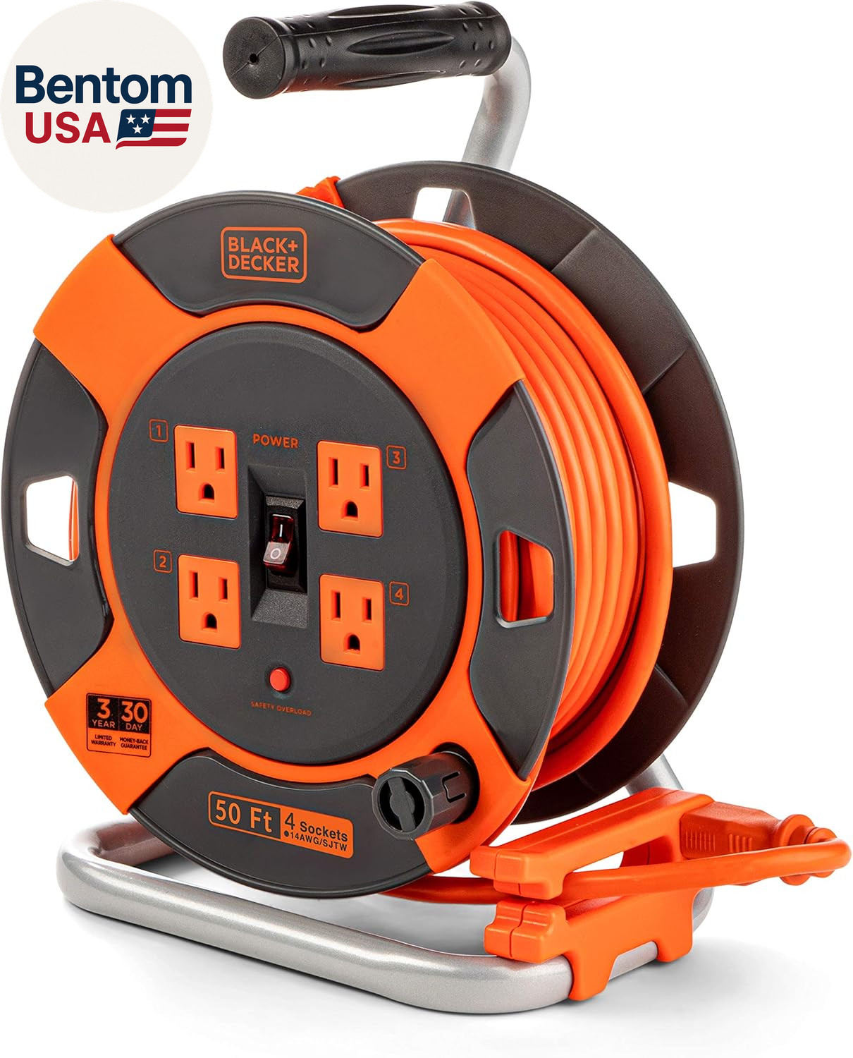 50 Ft. Retractable Extension Cord Reel with 4 Outlets, Multi-Plug Extension, Eas