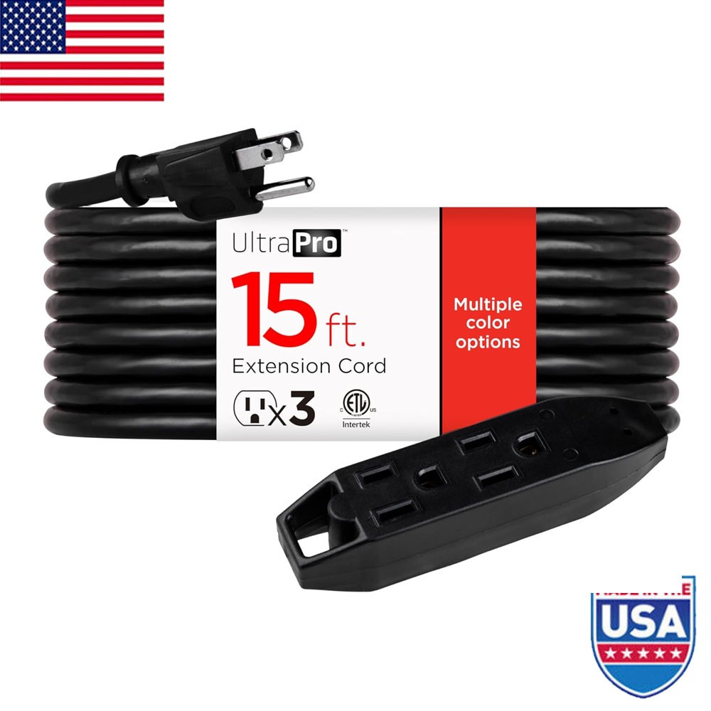 15 Ft Indoor Extension Cord 3 Outlet Power Strip Long Extension Cord