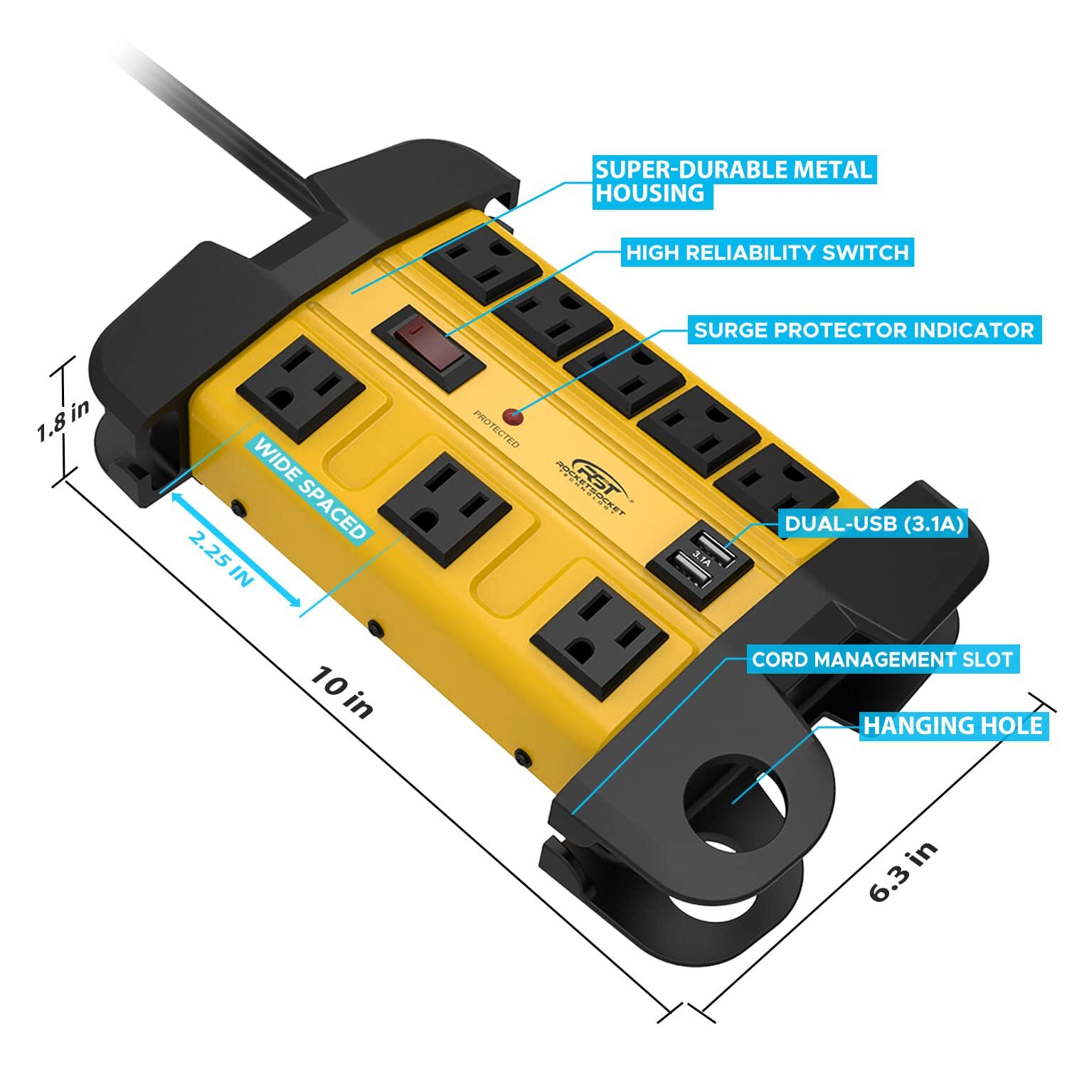 8 outlets+2 USB port,Heavy Duty Power Strip Surge Protector 1350J and 6ft Cord