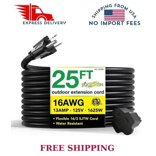 GoGreen Power 25 ft Heavy Duty Extension Cord 16/3 SJTW Black GG-13725BK Outdoor
