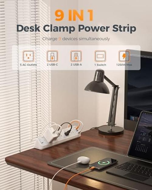 Desk Clamp Power Strip 10 Ft with 2100J Surge Protector, Gray | 5 10 FT Grey