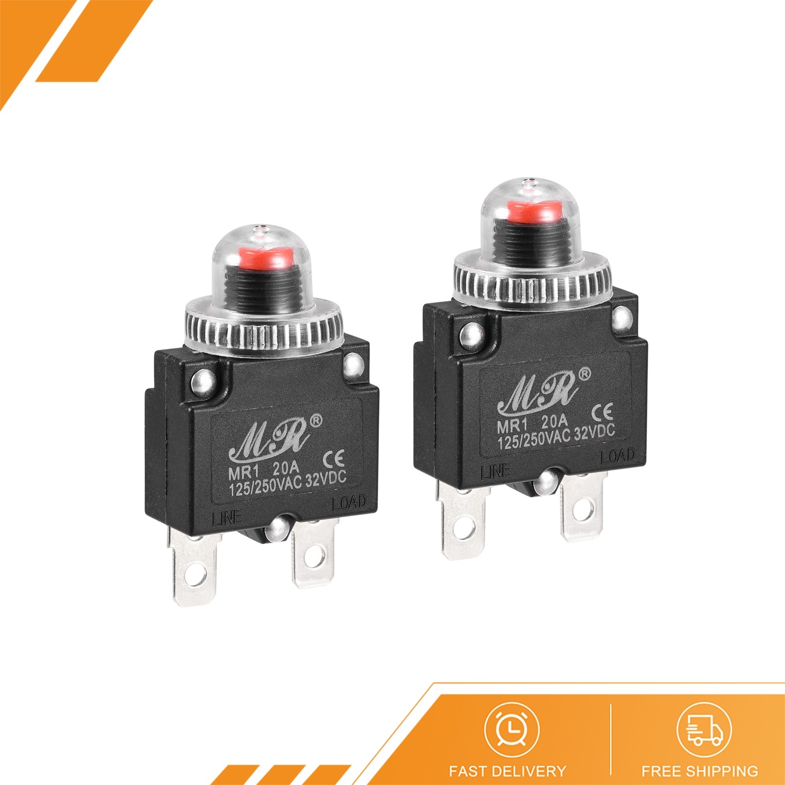 2 x Circuit Overload Protectors 20A AC125/250V DC32V Push Button Thermal Breaker