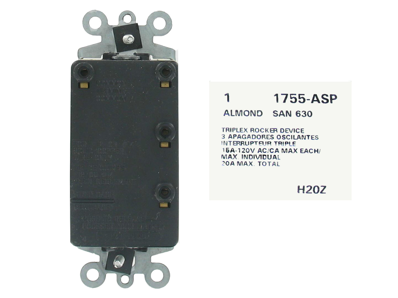 Leviton 1755-A ALMOND Decora Triple Rocker Light Switch 15A 120V Single Pole UL