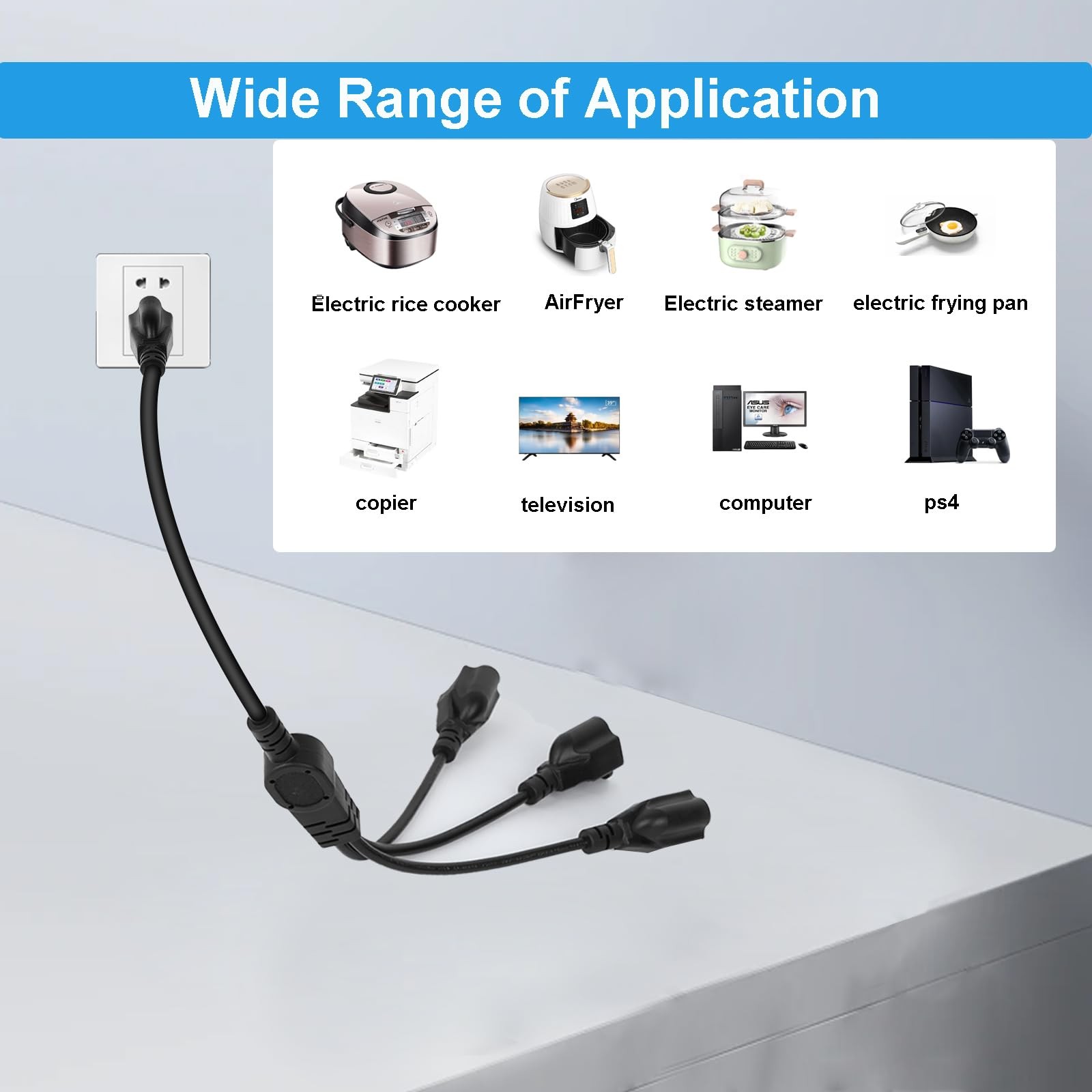 1.6 FT 3-Prong 1-to-3 Outlet Power Cord Splitter 16AWG 10A/1250W NEMA