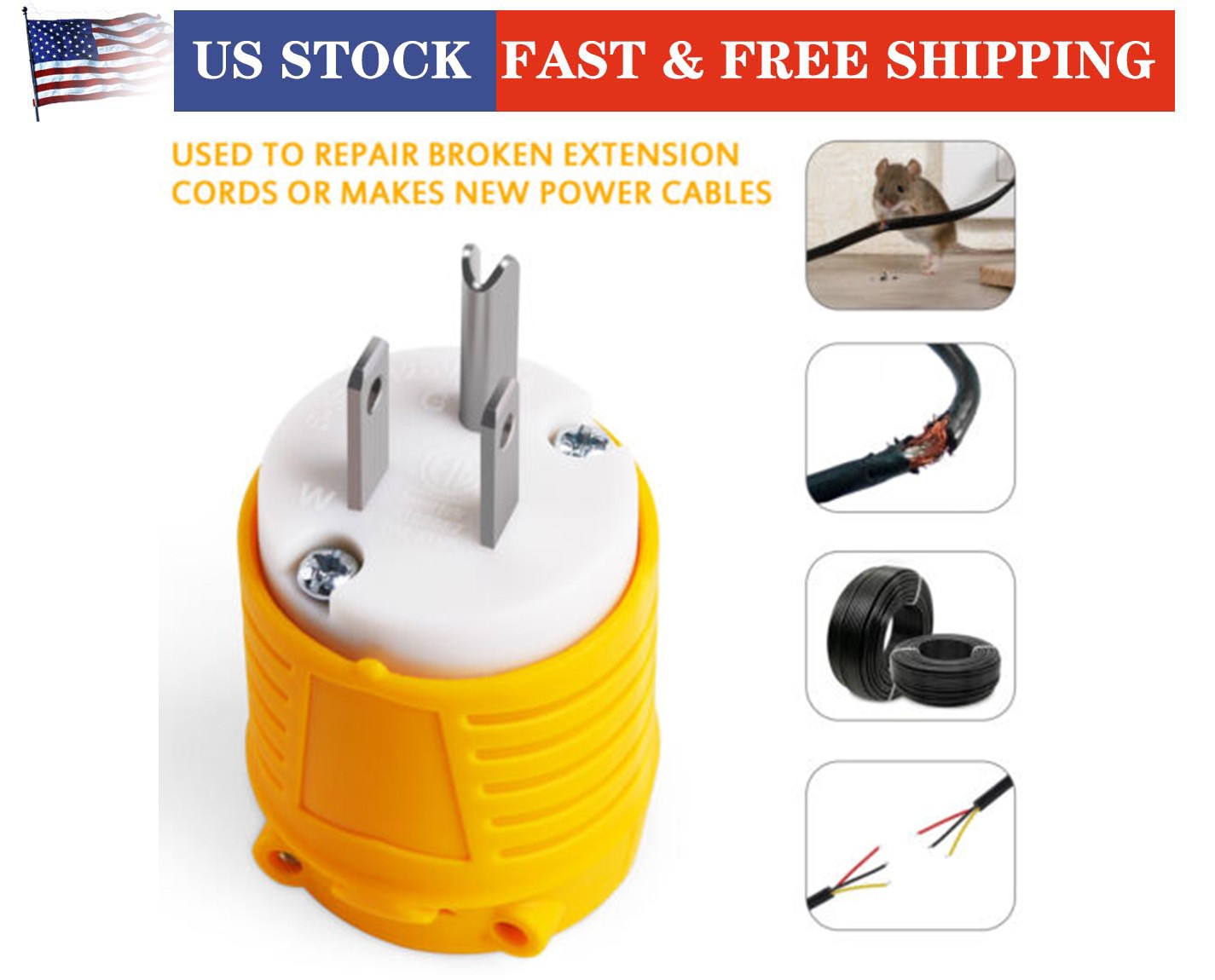 5 Sets Extension Cord Ends Male and Female Plug – 15 Amp 125 Volt NEMA 5-15 Plug