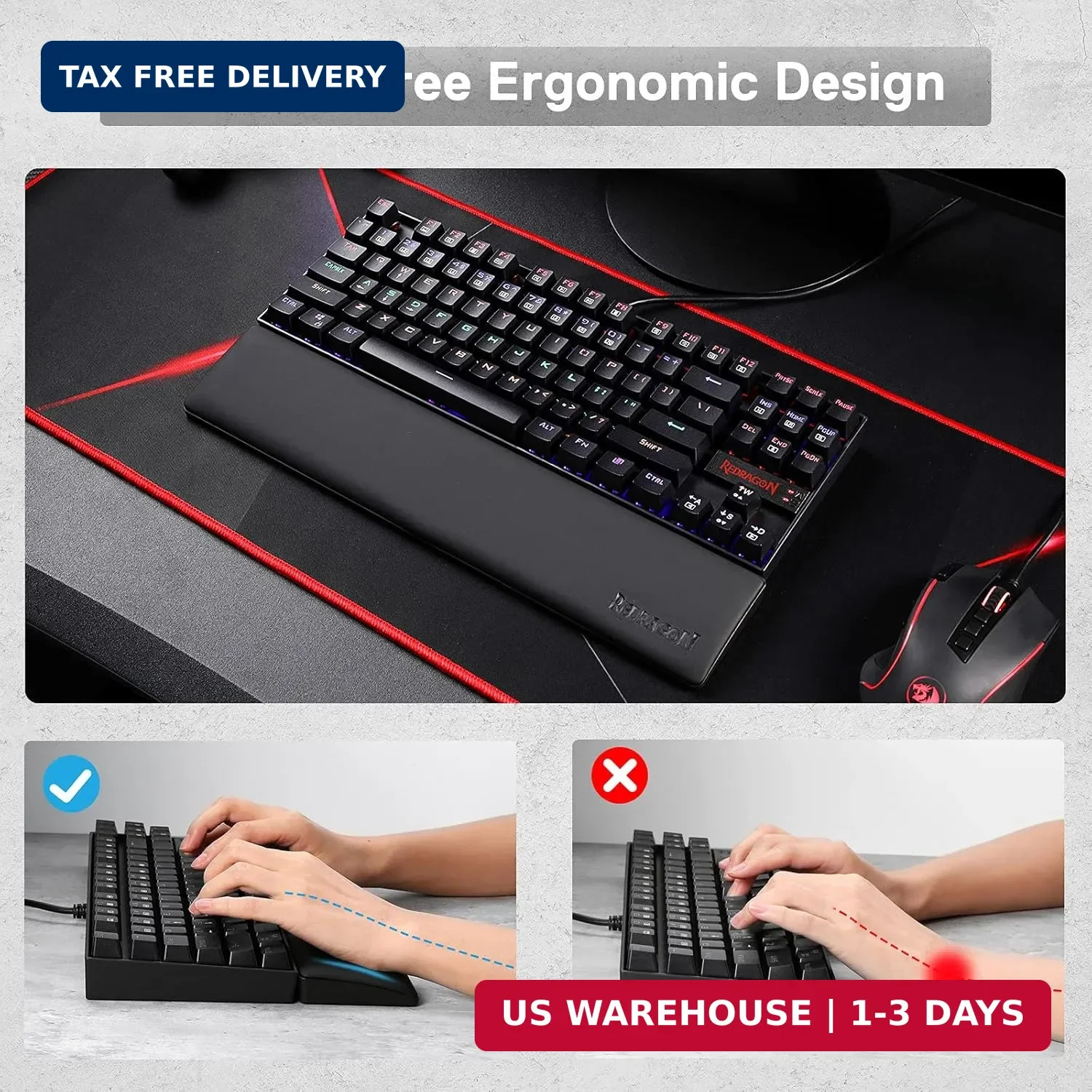 Redragon P036 Meteor M Computer Keyboard Wrist Rest Pad, Ergonomic Soft Memory F