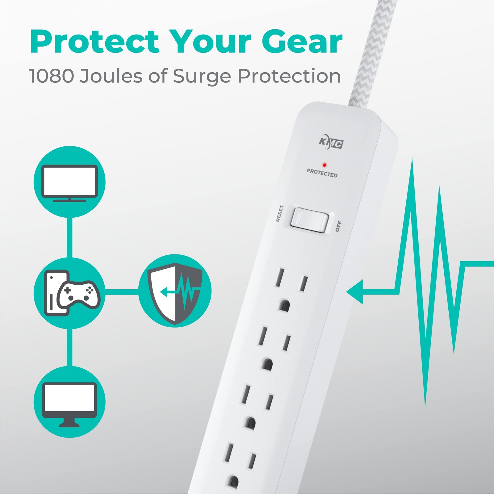 KMC 6-Outlet Surge Protector Power Strip 4 ft cord 2-Pack, 1080J 4 FT, White