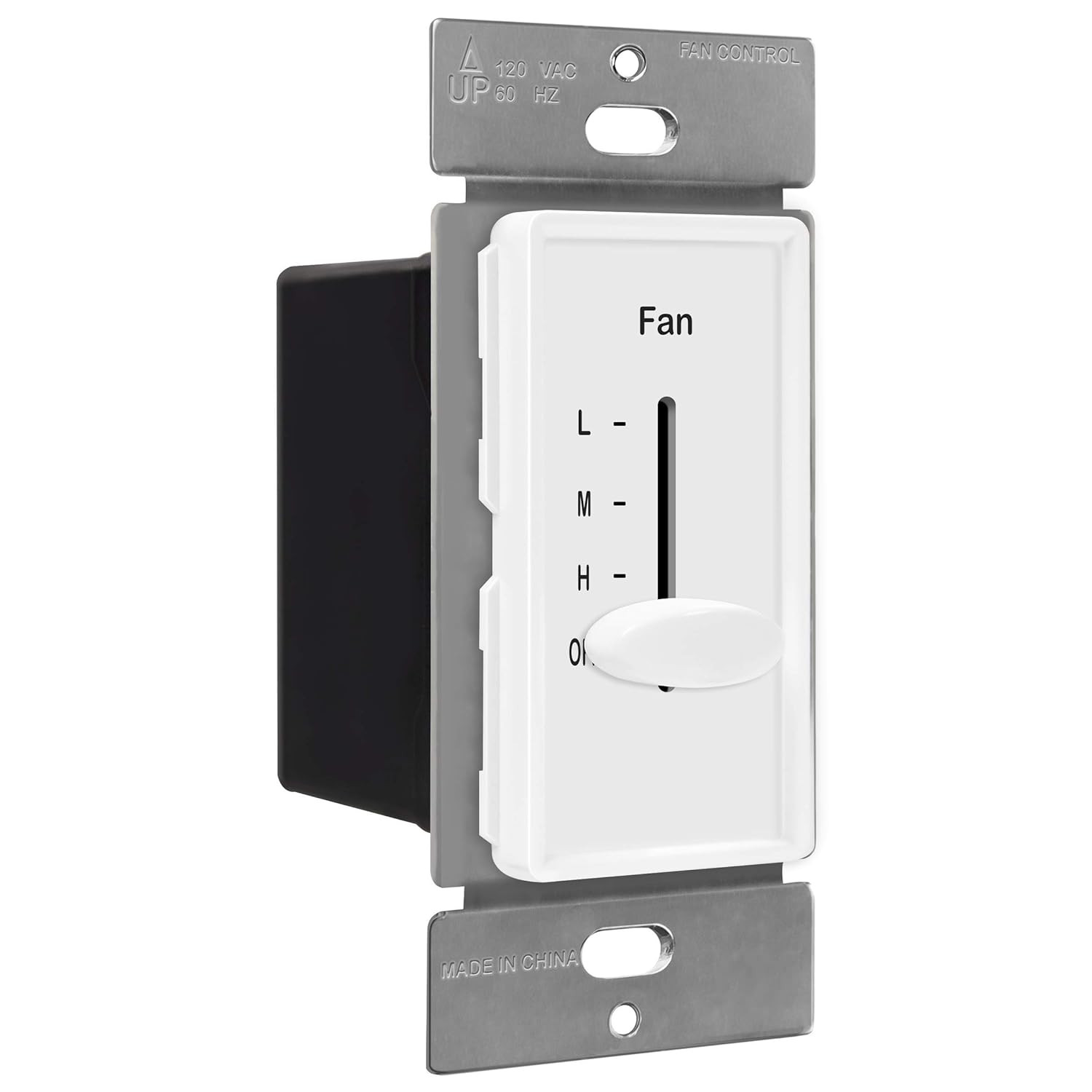 3 Speed in Wall Ceiling Fan Control, Slide Switch, 120VAC, 2.5A, Single-Pole, No