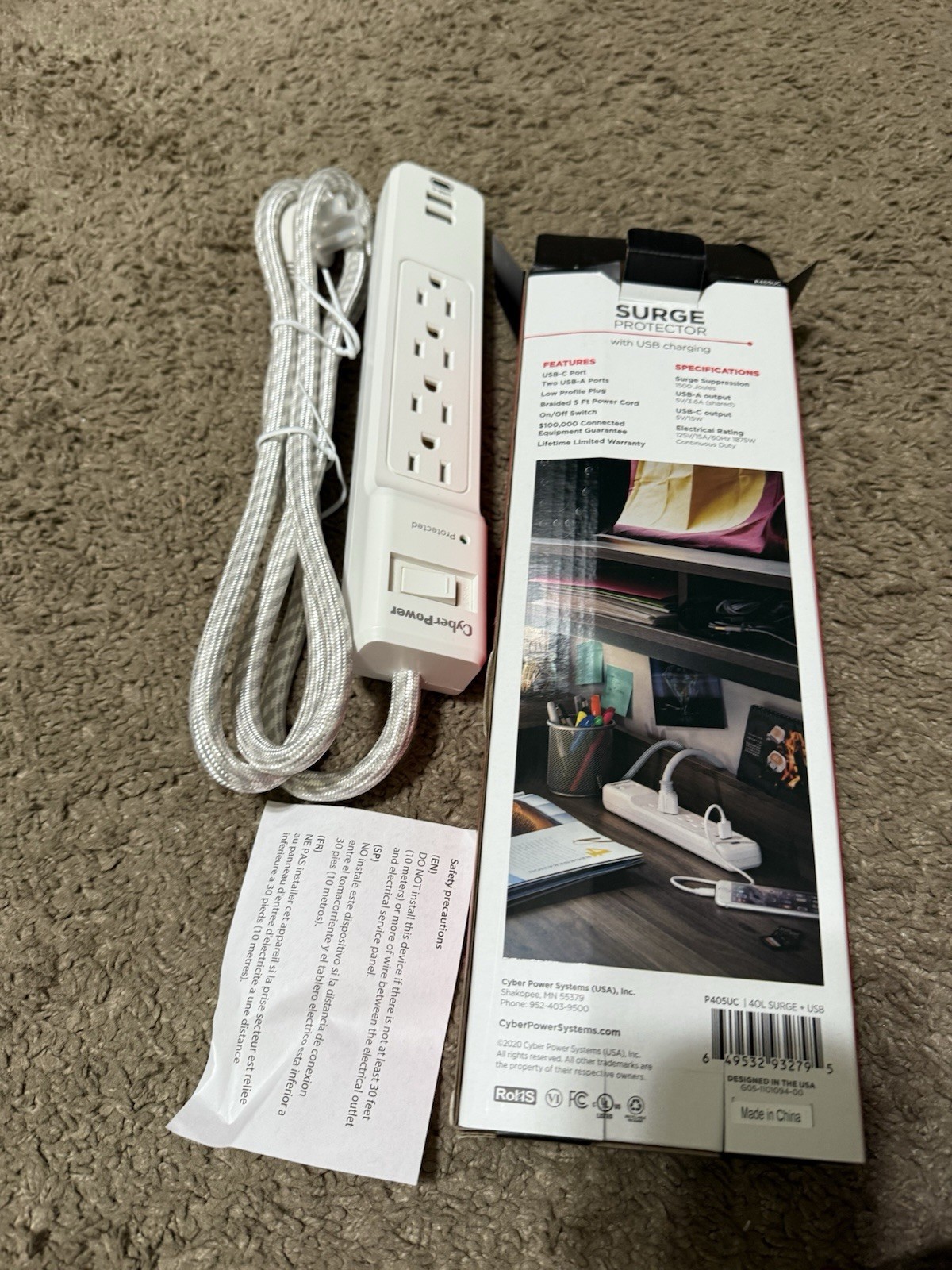 CyberPower 5 ft. 2 USB-A 1 USB-C 1500J 4-Outlet Surge Protector NEW
