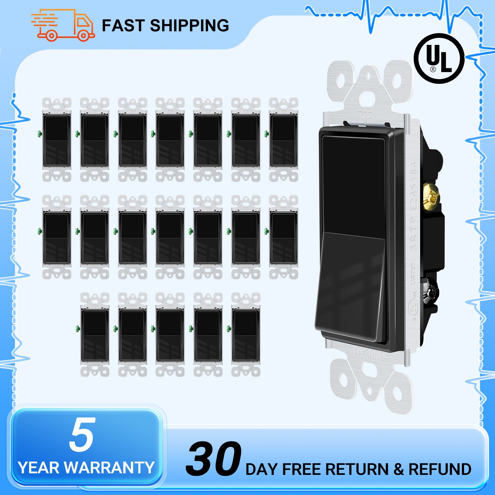 15A 120/277V Black Single Pole Rocker Light Switch UL/CUL Listed Home Use 20PK