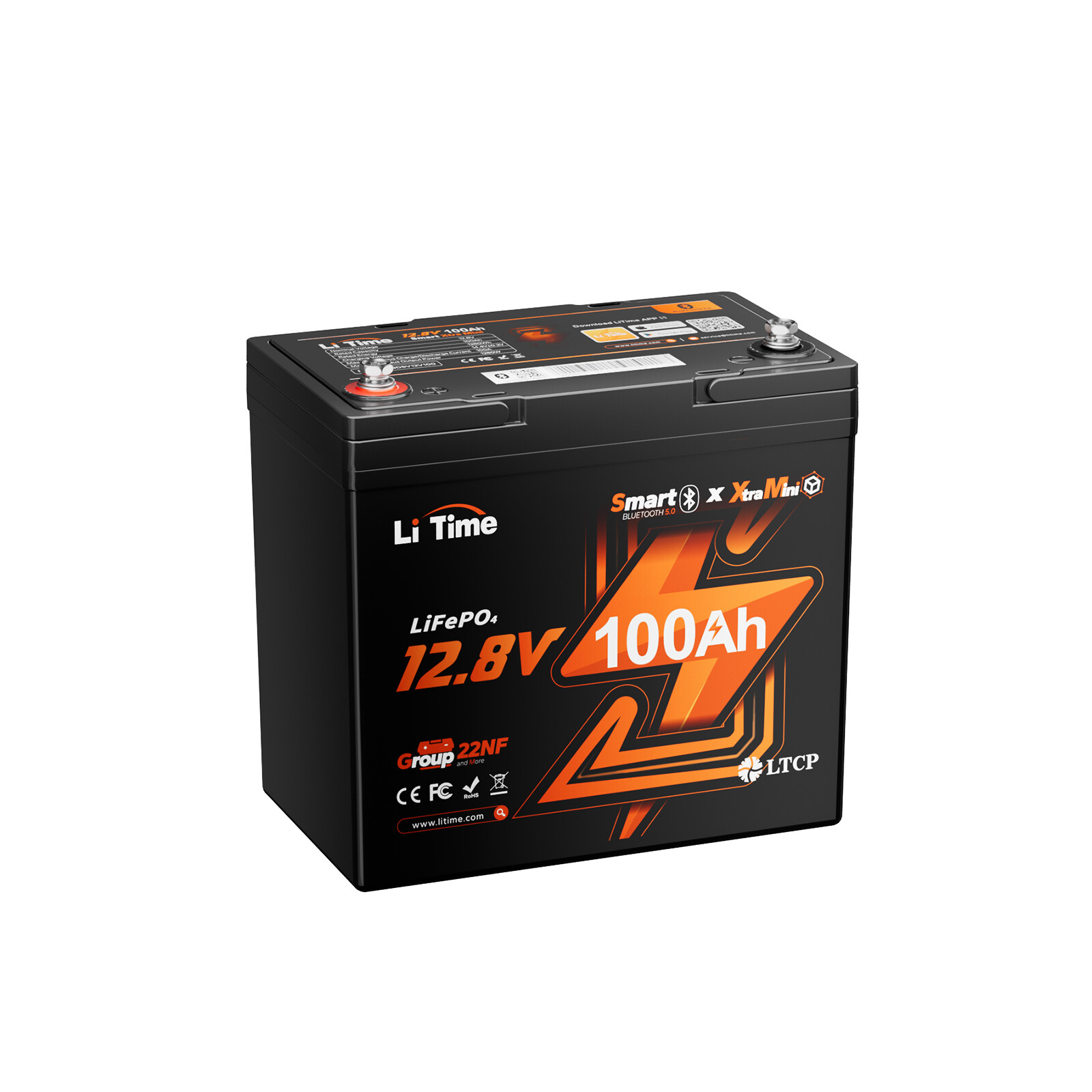 LiTime 12V 100Ah Xtra-Mini Bluetooth Small Lithium LiFePO4 Battery for RV Marine