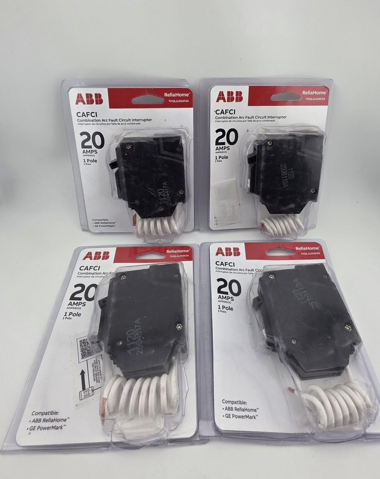 LOT OF 4 ABB THQL1120AF2A CIRCUIT BREAKERS AFCI 20 AMP 120V 1-POLE